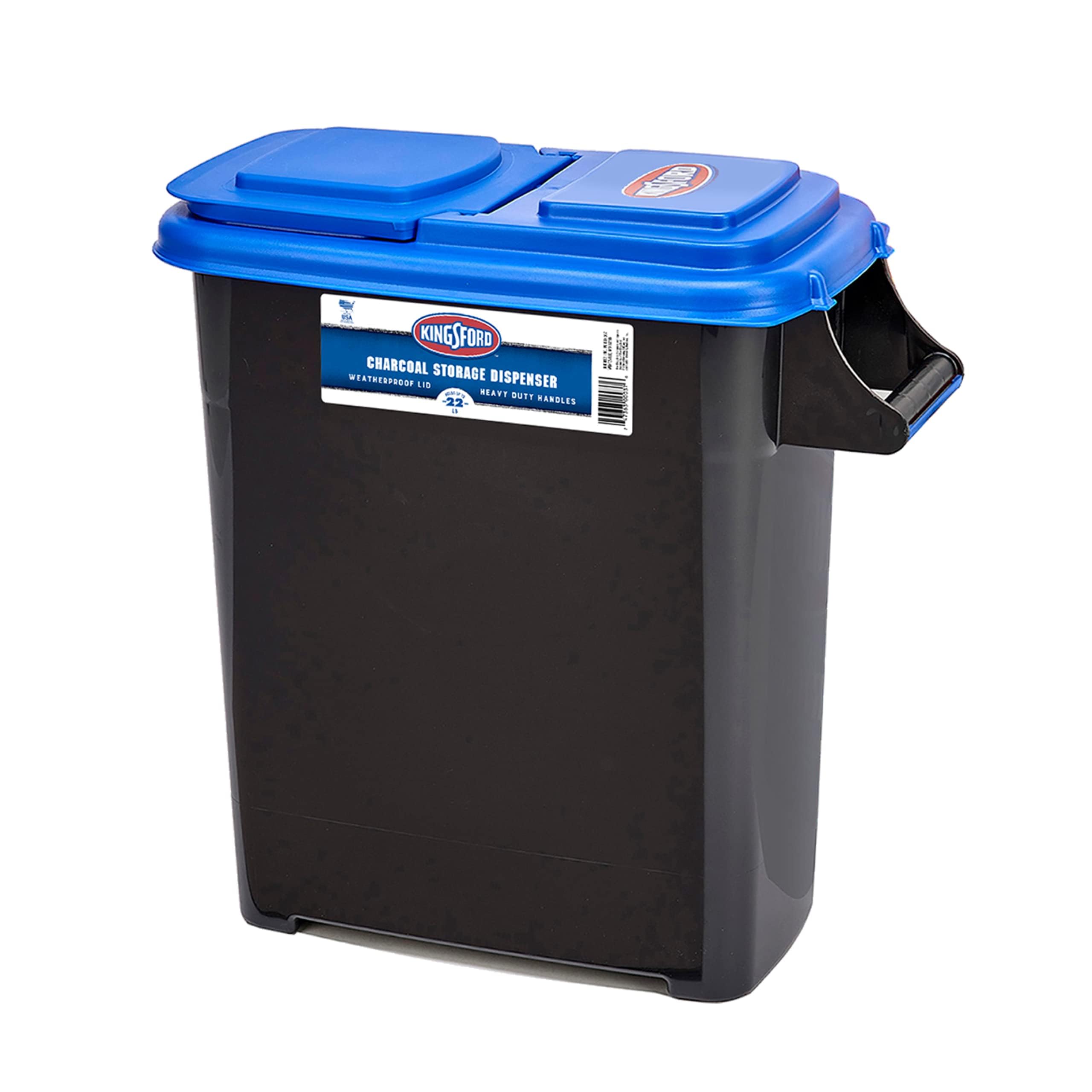 KINGSFORD CHARCOAL STORAGE DISPENSER  
WEATHERPROOF LID  
HEAVY DUTY HANDLE  
22 GAL