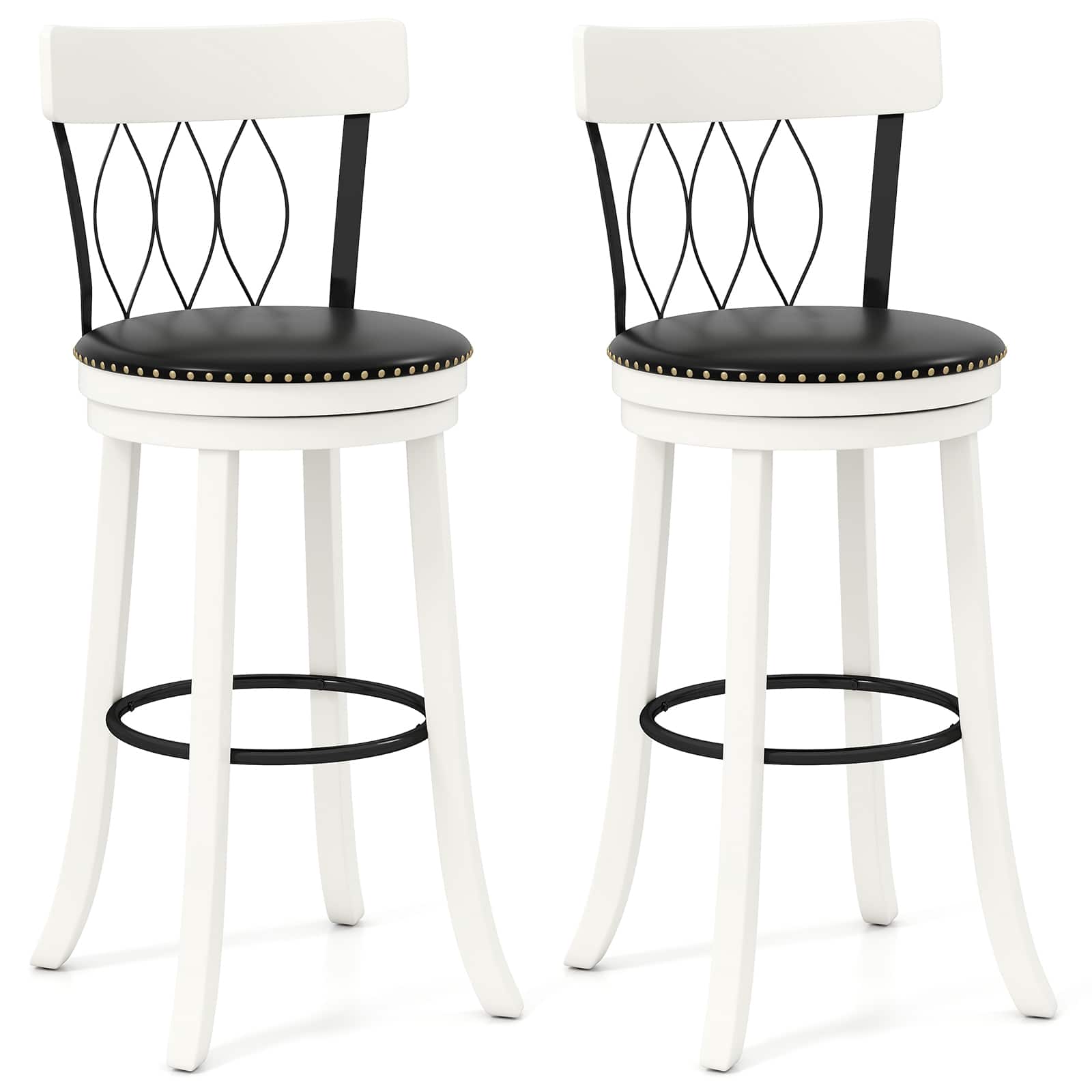 Gymax - 29'' Set of 2 Bar Stools w/ Footrest Rubber Wood Frame & Tufted Rivets - Black