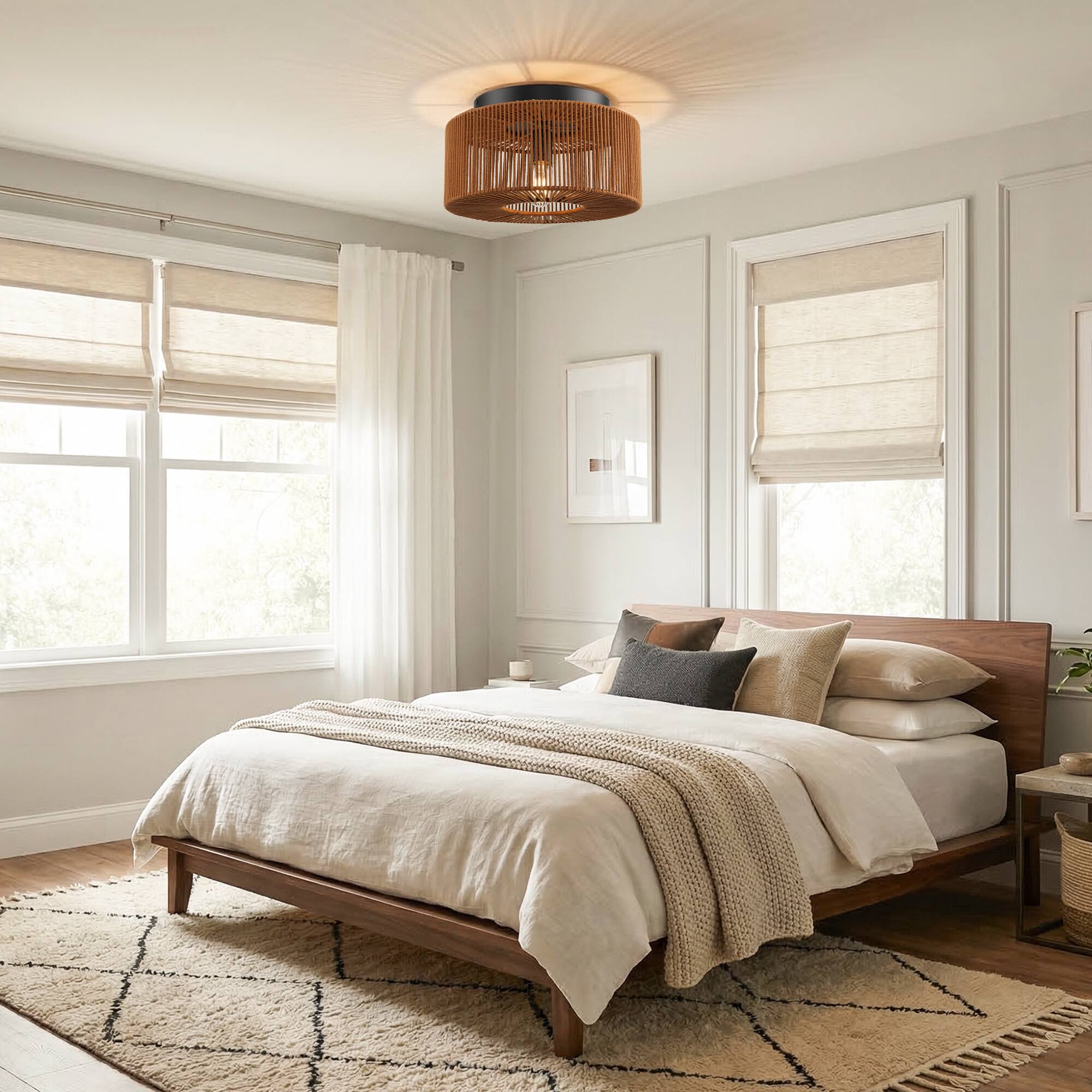 Left. Parrot Uncle - 14 in. 3-Light Brown Boho Handwoven Cotton shade Semi Flush Mount Ceiling Light - Brown.