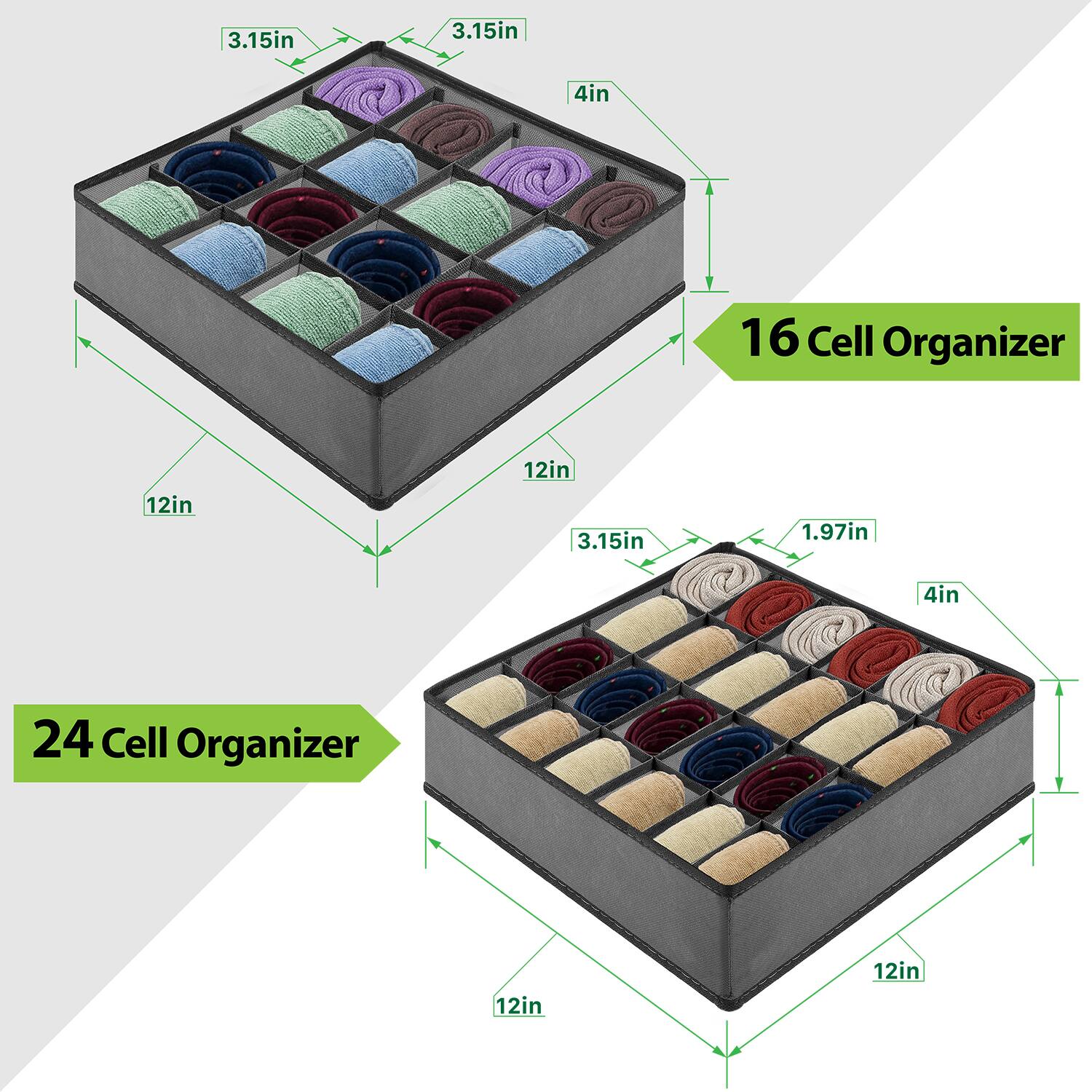 3.15in x 3.15in x 4in 16 Cell Organizer  
12in x 12in x 3.15in x 1.97in 4in  
24 Cell Organizer 12in x 12in