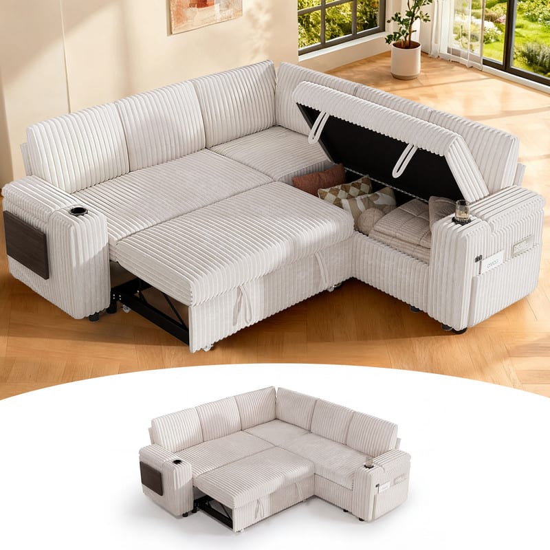 Dyonery - 85" Modular 5 Seat L Shaped Couch with comfortable Backrest|USB Ports|Cup Holders|Side Table|Storage Chaise Armrests - Beige