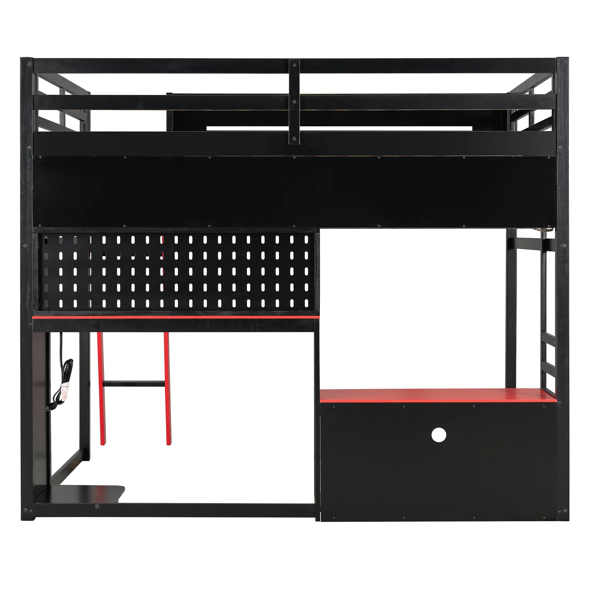 Alt View 4. Anysun - Full Size Wood Loft Bed with Desk - Includes Shelves, LED Lights, USB Ports and Pegboard - Red.