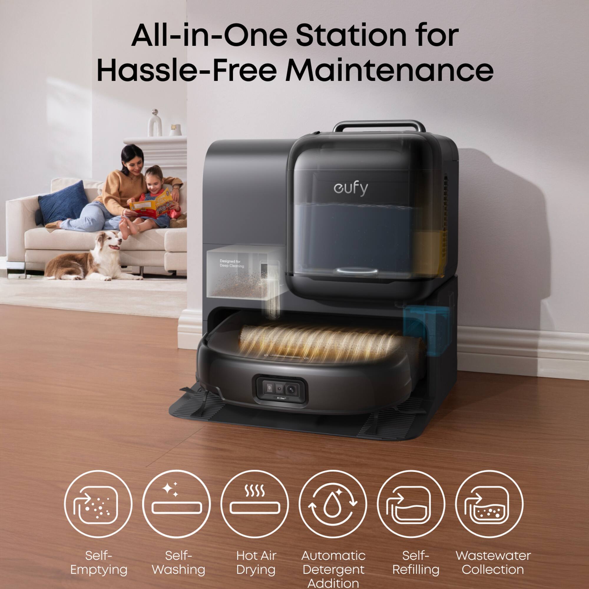 The text on the image is grouped and corrected as follows:

"All-in-One Station for Hassle-Free Maintenance cufy egnu - -  Self-Emptying Washing Hot Air Automatic Self-Wastewater Drying Detergent Refilling Collection Addition."