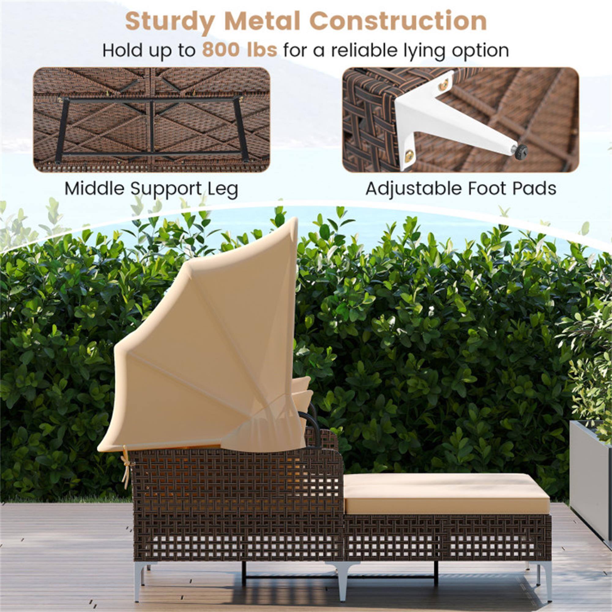 Sturdy Metal Construction  
Hold up to 800 lbs for a reliable lying option  

Middle Support Leg  
Adjustable Foot Pads