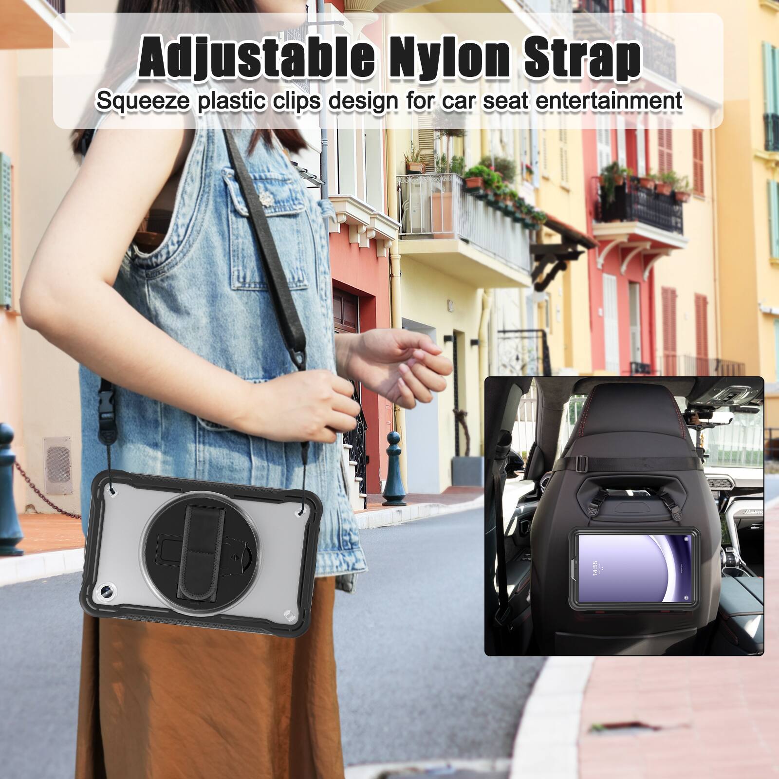 Adjustable Nylon Strap  
Squeeze plastic clips design for car seat entertainment