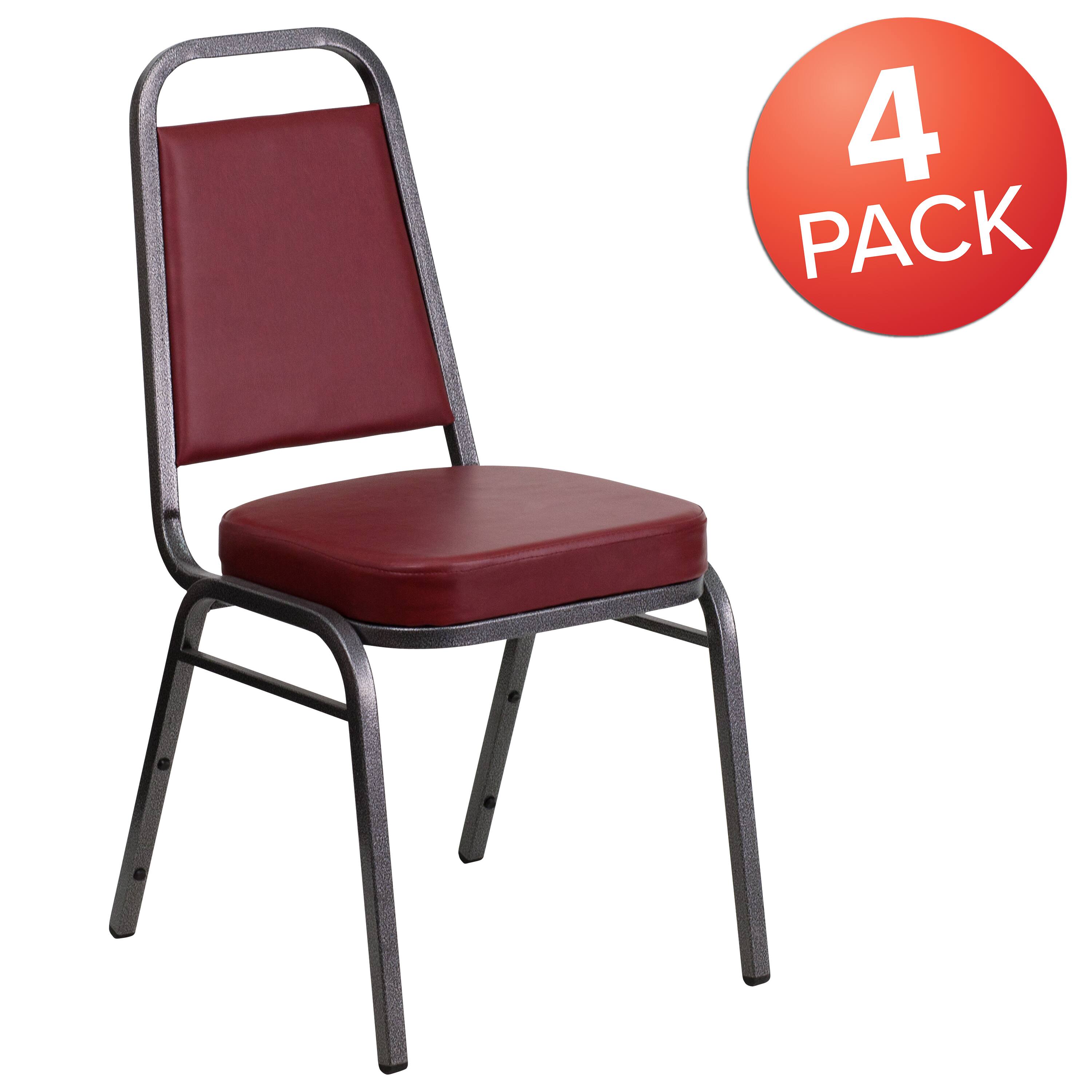 Alt View 1. Emma + Oliver - 4 Pack Trapezoidal Back Stacking Banquet Chair - Burgundy Vinyl/Silver Vein Frame.