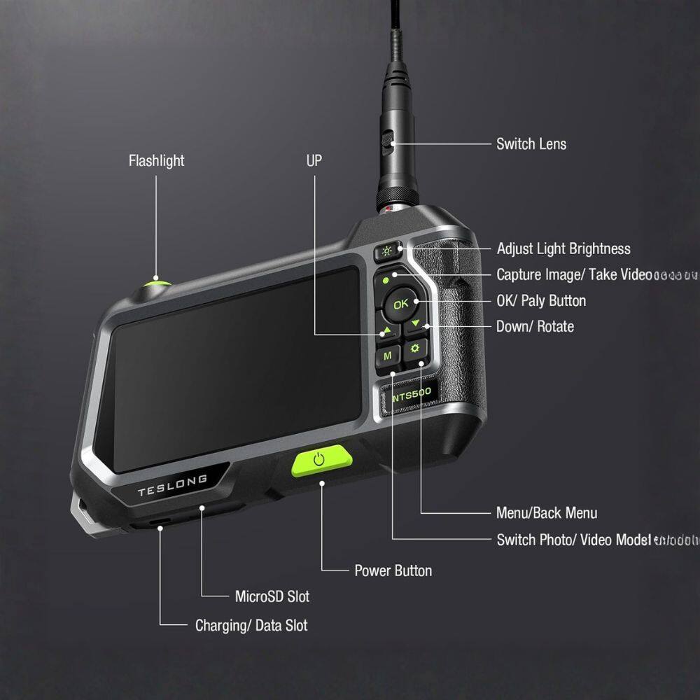 Flashlight  
UP  
Switch Lens  
Adjust Light Brightness  
Capture Image/ Take Video  
OK/ Play Button  
Down/ Rotate  
M  
NTS500  
TESLONG  
Menu/Back Menu  
Switch Photo/ Video Model  
MicroSD Slot  
Power Button  
Charging/ Data Slot