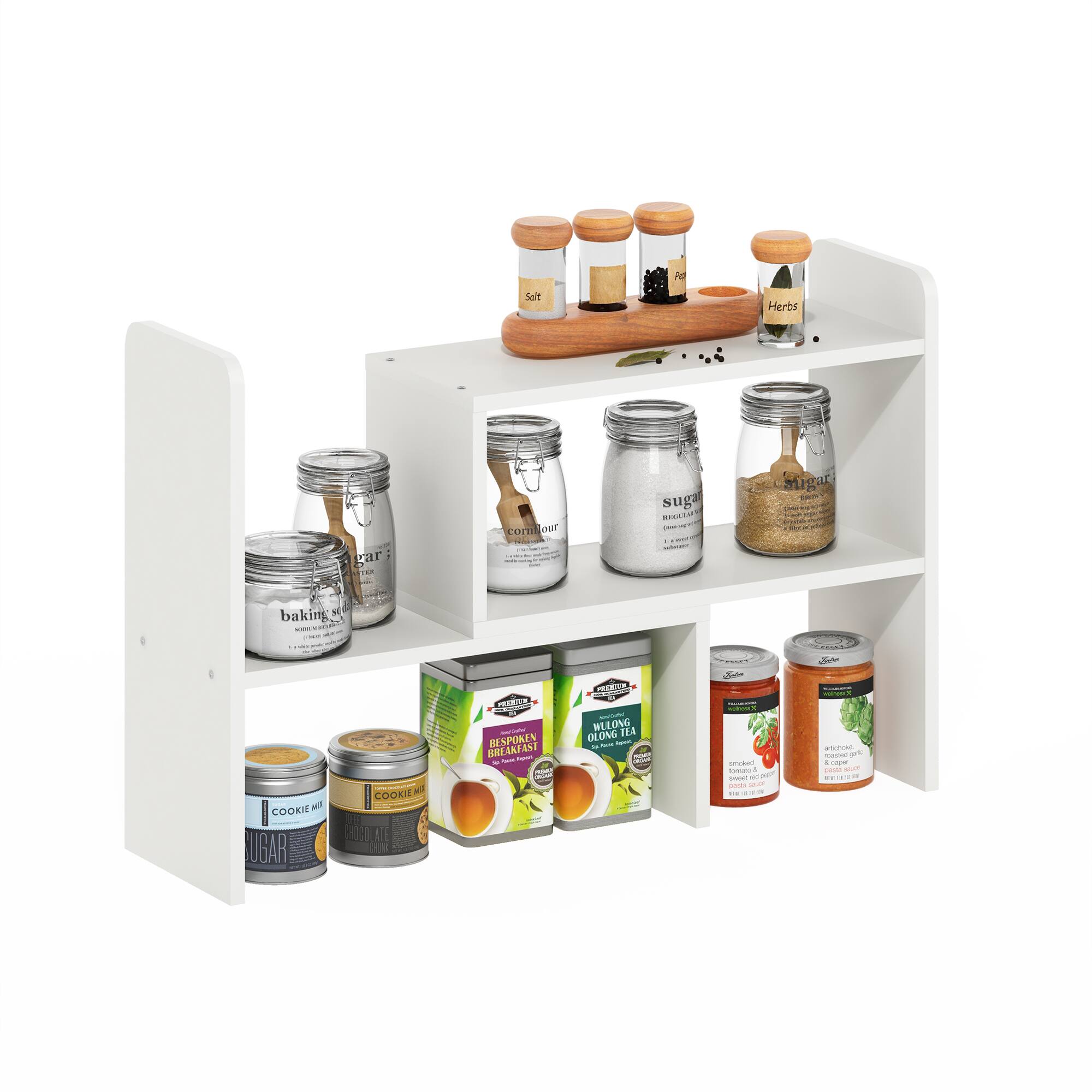 Sure, here is the corrected and grouped text from the image:

- Salt
- Pepper
- Herbs
- Sugar
- Baking Soda
- Sugar
- Sugar
- Cookie Mix
- Chocolate
- Bespoke Breakfast
- Wulong Tea
- Spicy Tomato & Garlic
- Spicy Tomato & Garlic