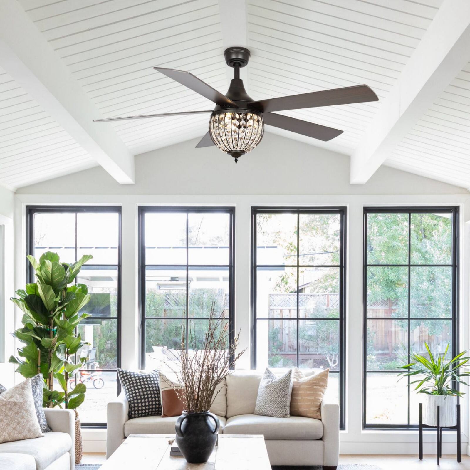Left. Parrot Uncle - 52" Farmhouse 5-Blade Crystal Ceiling Fan with Remote Control - Bronze.