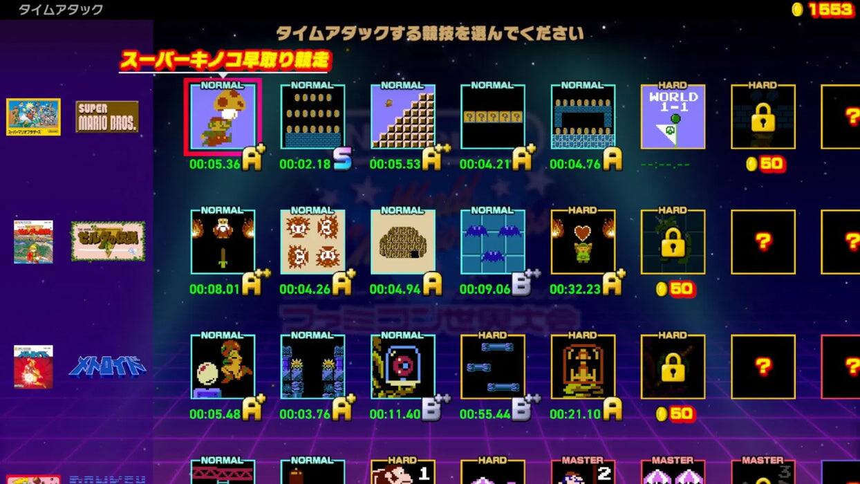 Sure, here is the corrected and grouped text from the image:

**Top Section:**
- スーパーキノコ早クリ攻略
- ワールド1
- 1583

**World 1:**
- NORMAL: 00:05.36 A
- NORMAL: 00:02.18 S
- NORMAL: 00:05.53 A
- NORMAL: 00:04.21 A
- HARD: 00:04.76 A
- HARD: 50

**World 2:**
- NORMAL: 00:08.01 A
- NORMAL: 00:04.26 A
- NORMAL: 00:04.94 A
- HARD: 00:09.06 B+
- HARD: 00:32.23 A
- HARD: 50

**World 3:**
- NORMAL: 00:05.48 A
- NORMAL: 00:03.76 A
- NORMAL: 00:11.40