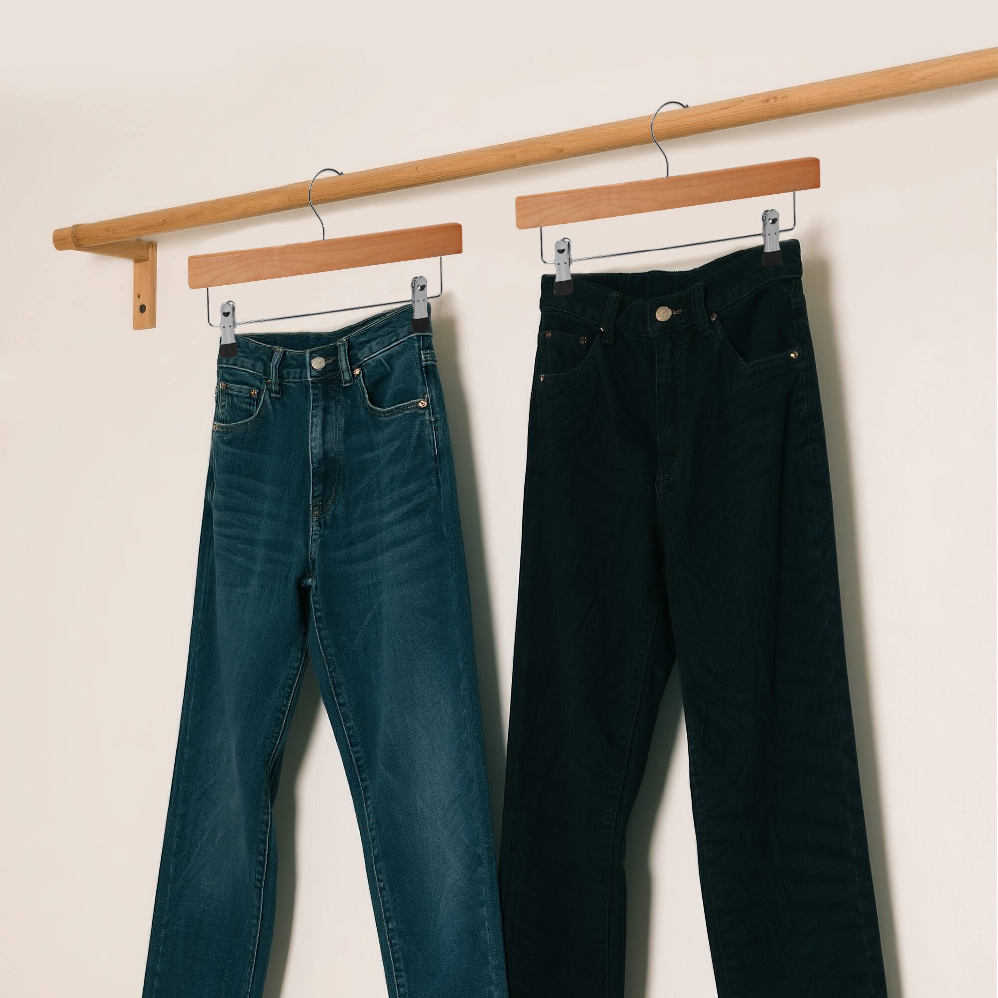 Alt View 2. BP4U - 24-Pack Wooden Adjustable Pants Hangers, Solid Wood Bottom Skirt/Trousers Hangers with Wrinkle-Free Design(Natural Wood) - Natural Wood.