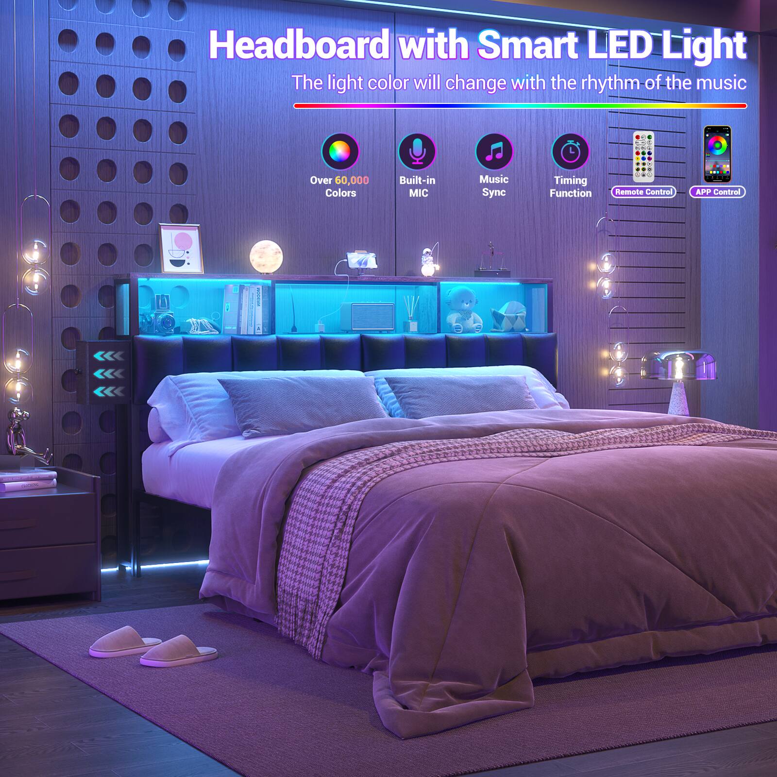 Headboard with Smart LED Light  
The light color will change with the rhythm of the music  

- Over 60,000 Colors  
- Built-in MIC  
- Music Sync  
- Timing Function  
- Remote Control  
- APP Control
