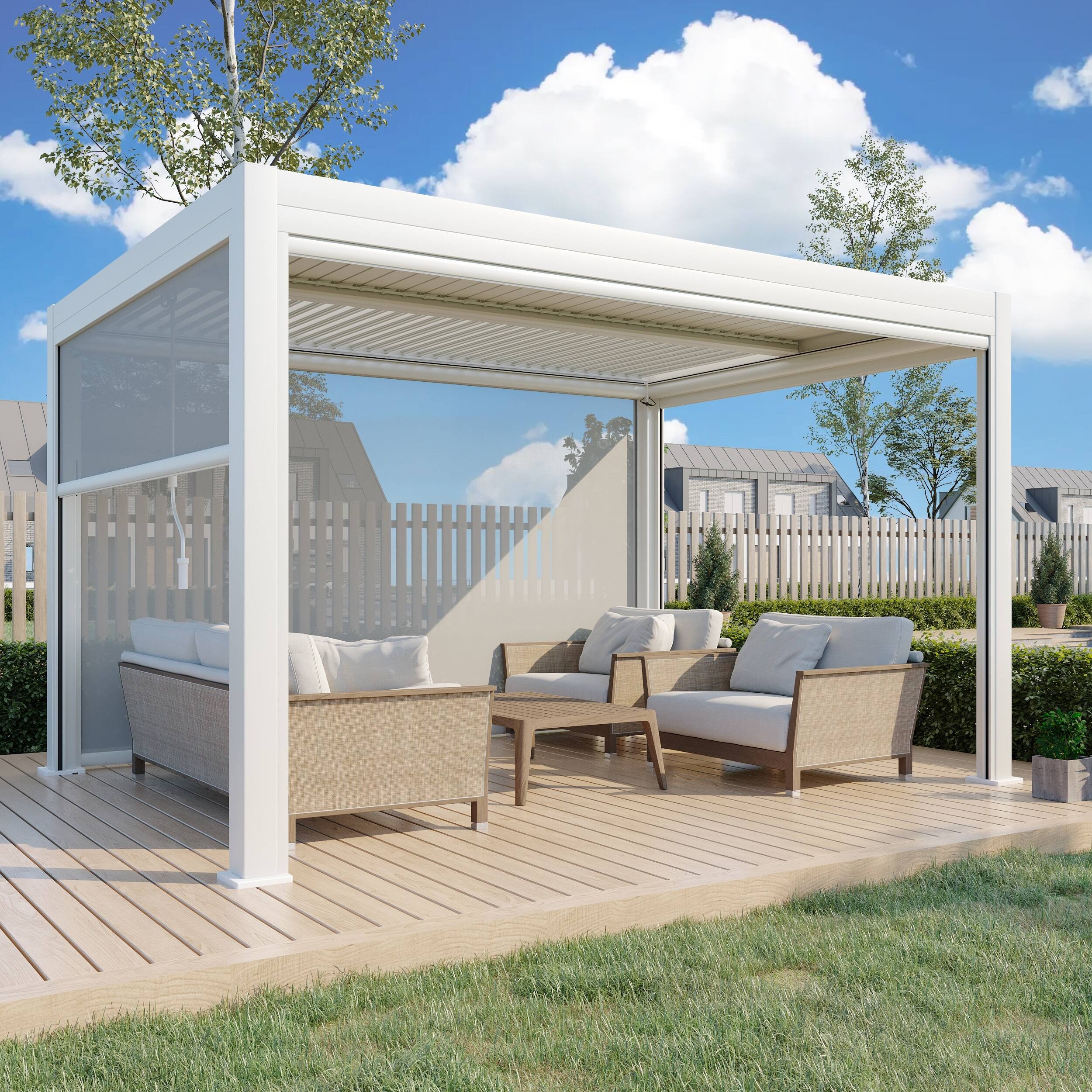 Alt View 5. U-HOMY - 10'x13' Outdoor Aluminum Louvered Pergola Gazebo with Adjustable Rainproof Roof and Pull-Down Privacy Screen - White.