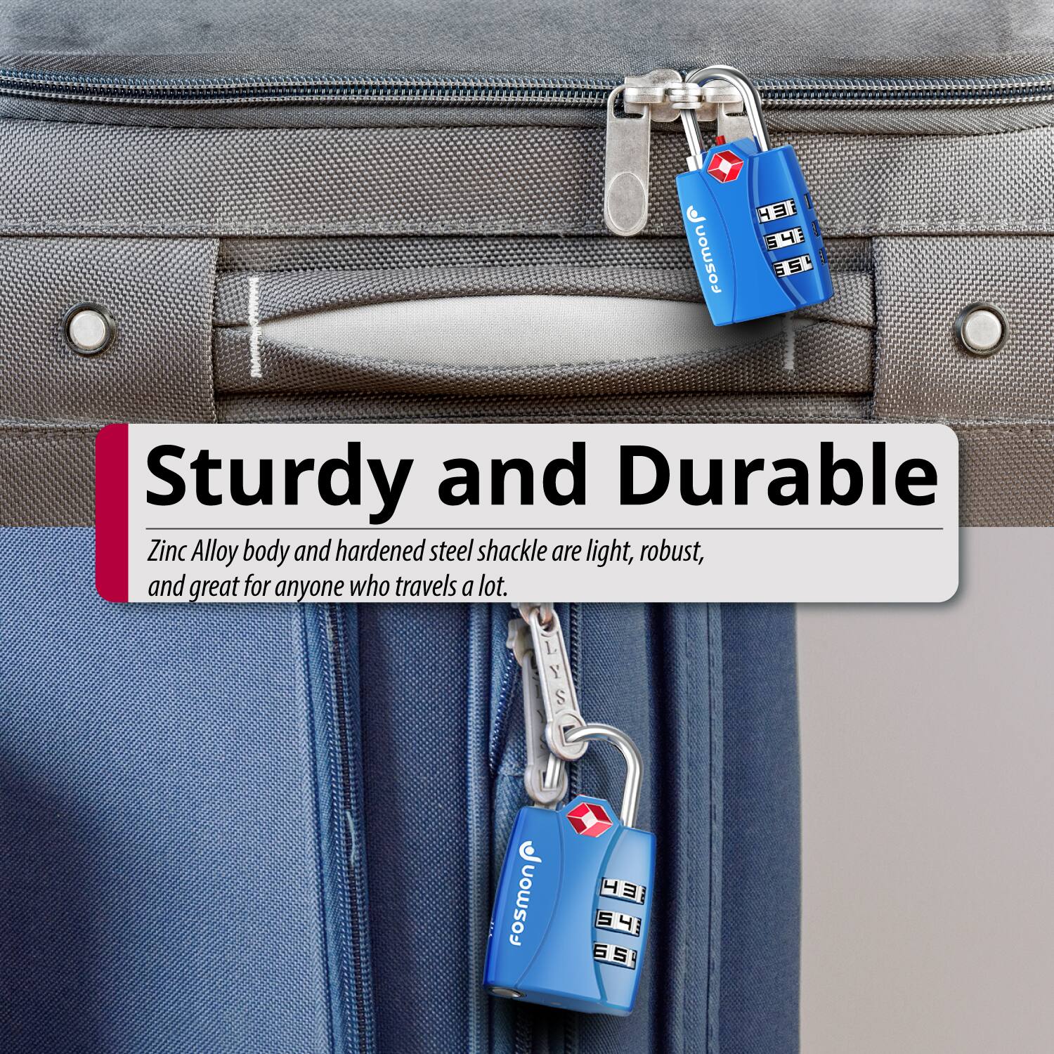 FoSMON I E m 4 I 543 5 S5 5 Sturdy and Durable Zinc Alloy body and hardened steel shackle are light, robust, and great for anyone who travels a lot. SAT fosmon  4  I 54 S 4 5 S