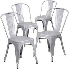 Emma + Oliver - Commercial Grade 4 Pack Metal Indoor-Outdoor Stackable Chair - Silver