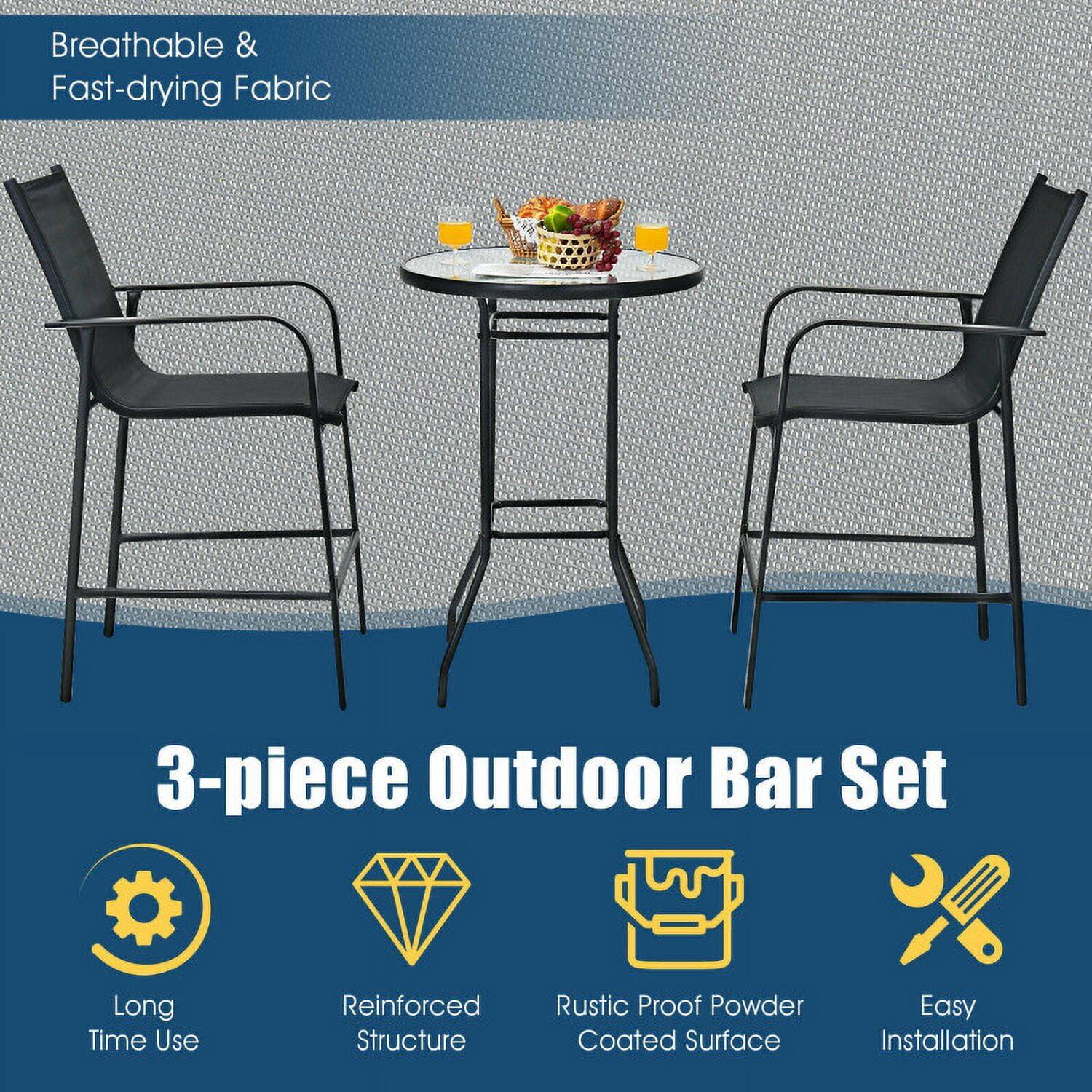 Breathable & Fast-drying Fabric

3-piece Outdoor Bar Set

- Long Time Use
- Reinforced Structure
- Rustic Proof Powder Coated Surface
- Easy Installation