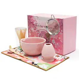 Adivo - Matcha Whisk Set 7-Piece with Ceramic Bowl, Bamboo Whisk, Scoop, Sifter & Holder | Japanese Matcha Ceremony Gift Kit - Pink