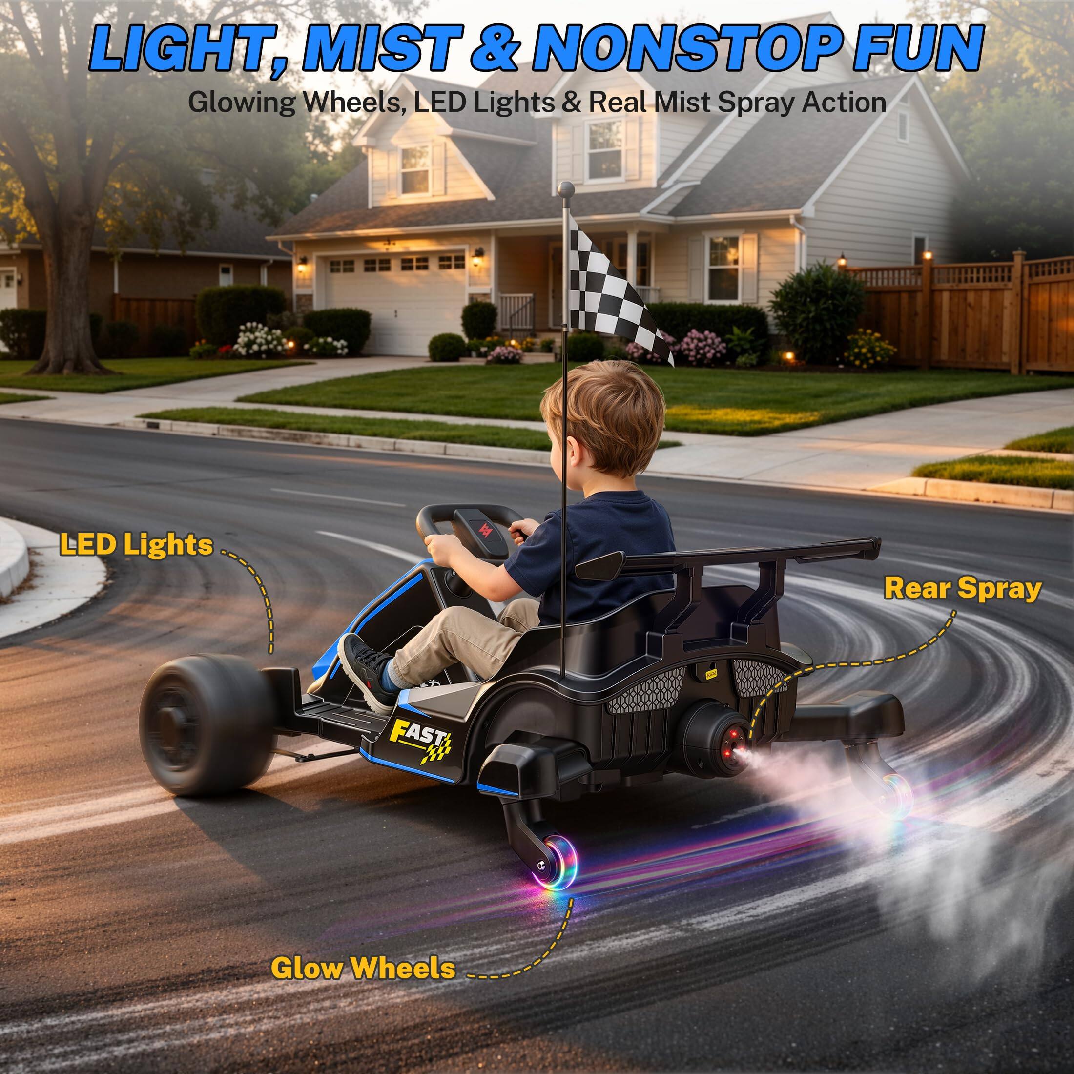 LIGHT, MIST & NONSTOP FUN  
Glowing Wheels, LED Lights & Real Mist Spray Action  

LED Lights  
Rear Spray  
FAST  
Glow Wheels