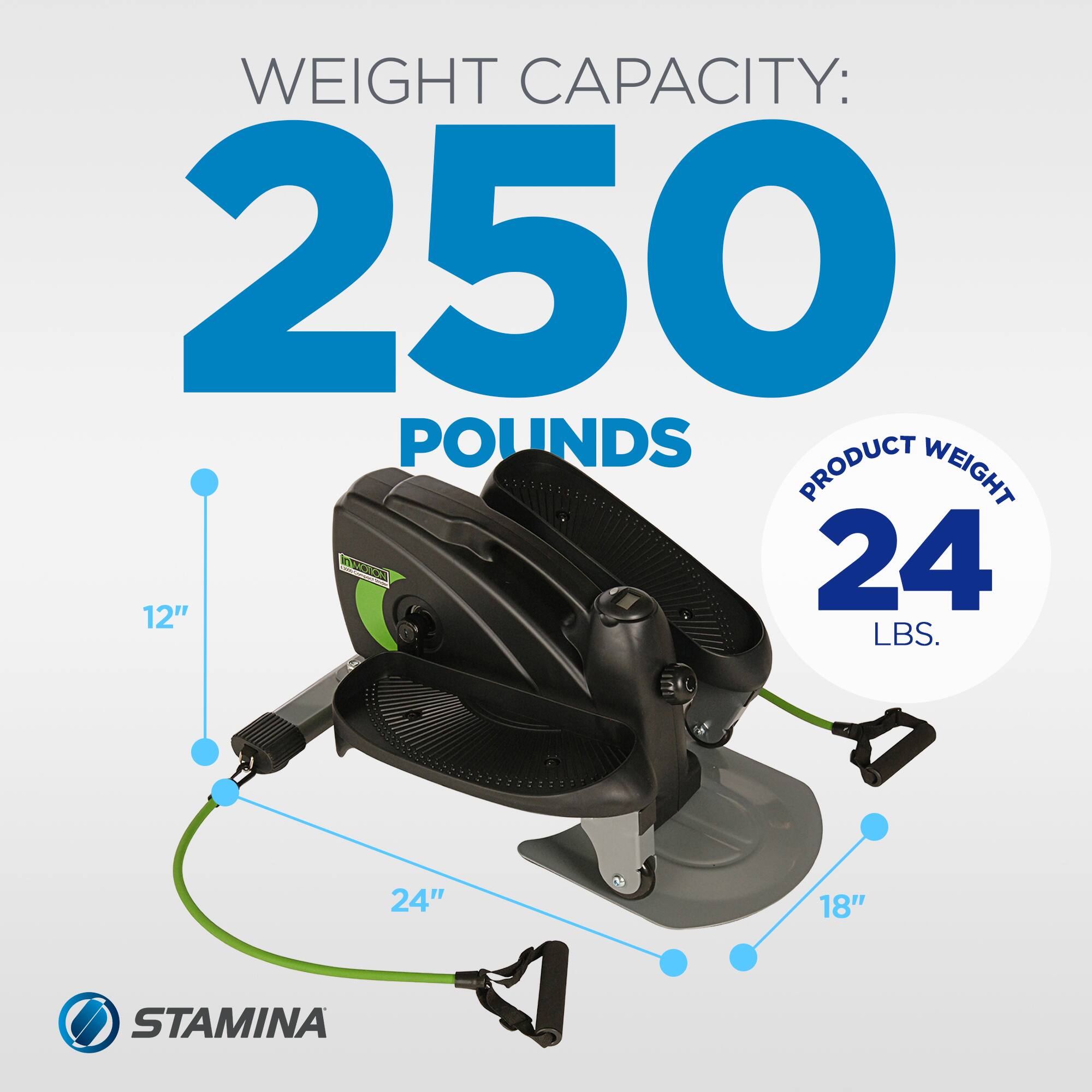 WEIGHT CAPACITY: 250 POUNDS  
PRODUCT WEIGHT: 24 LBS.  
12"  
24"  
18"  
STAMINA