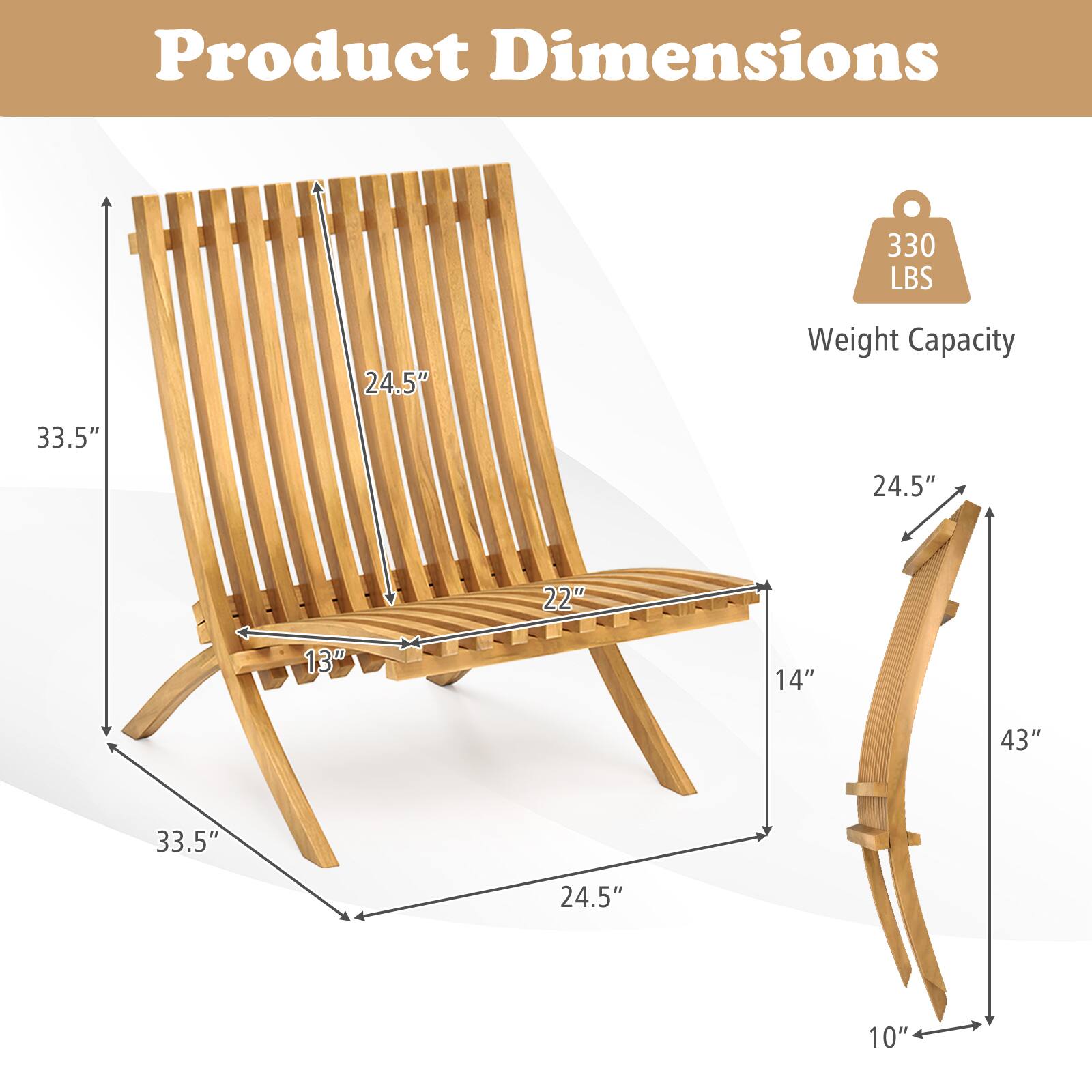 Product Dimensions

- Weight Capacity: 330 LBS
- Height: 33.5"
- Width: 24.5"
- Depth: 22"
- Seat Height: 13"
- Armrest Height: 14"
- Overall Length: 43"
- Overall Width: 24.5"
- Overall Depth: 10"
