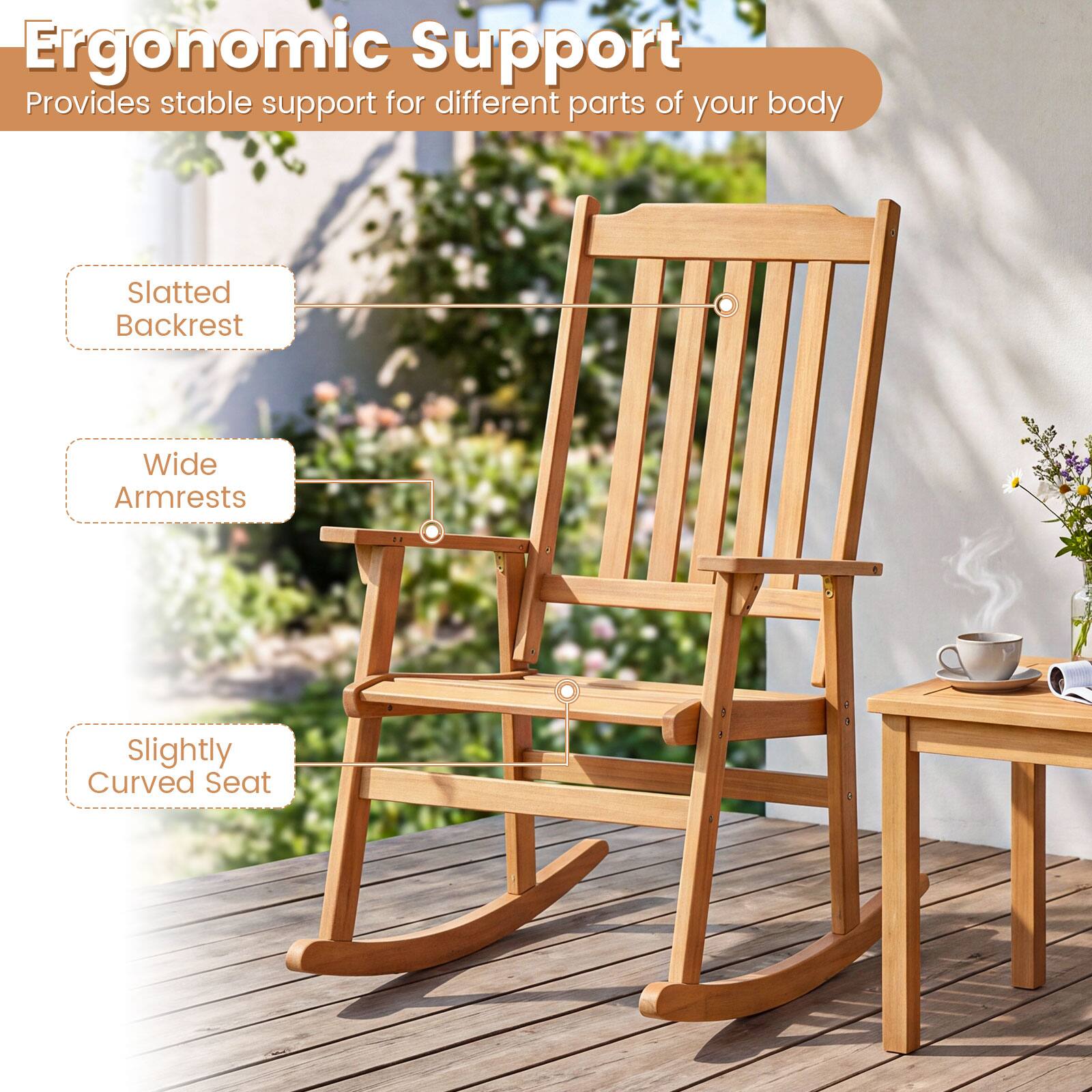 Ergonomic Support  
Provides stable support for different parts of your body  
Slatted Backrest  
Wide Armrests  
Slightly Curved Seat