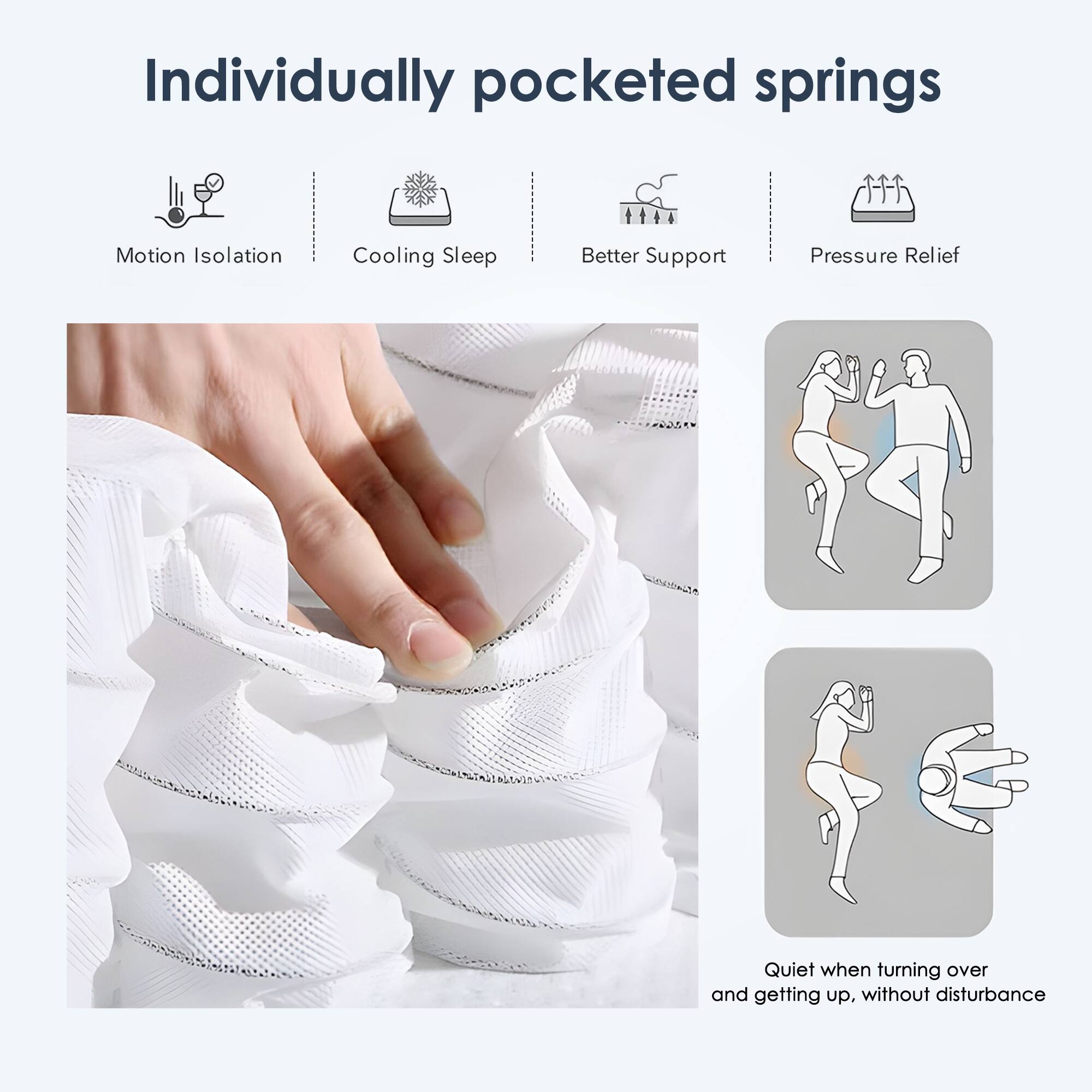 Individually pocketed springs

- Motion Isolation
- Cooling Sleep
- Better Support
- Pressure Relief

Quiet when turning over and getting up, without disturbance