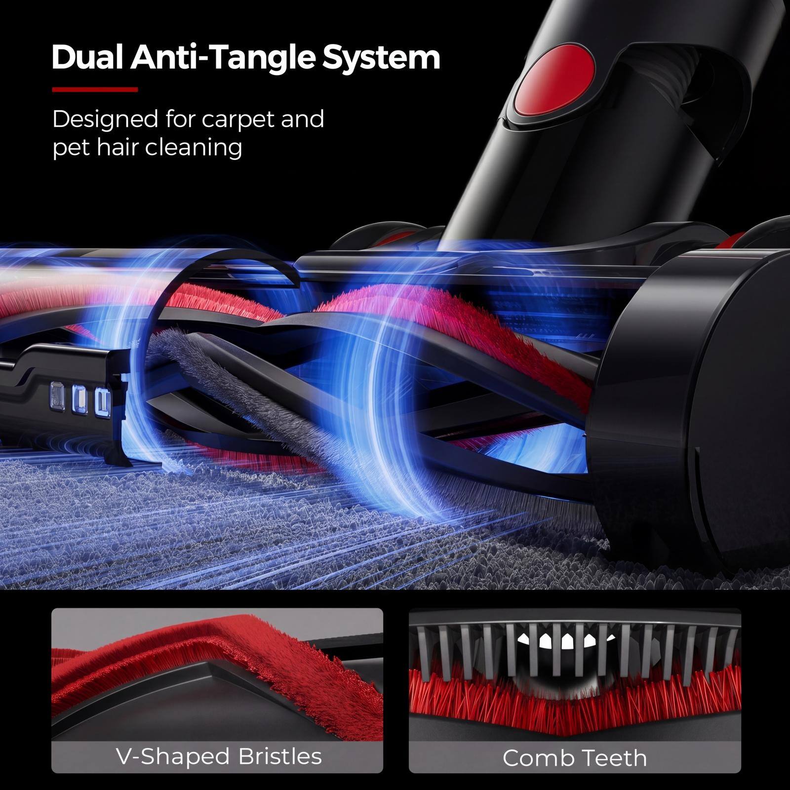 Dual Anti-Tangle System  
Designed for carpet and pet hair cleaning  

V-Shaped Bristles  
Comb Teeth