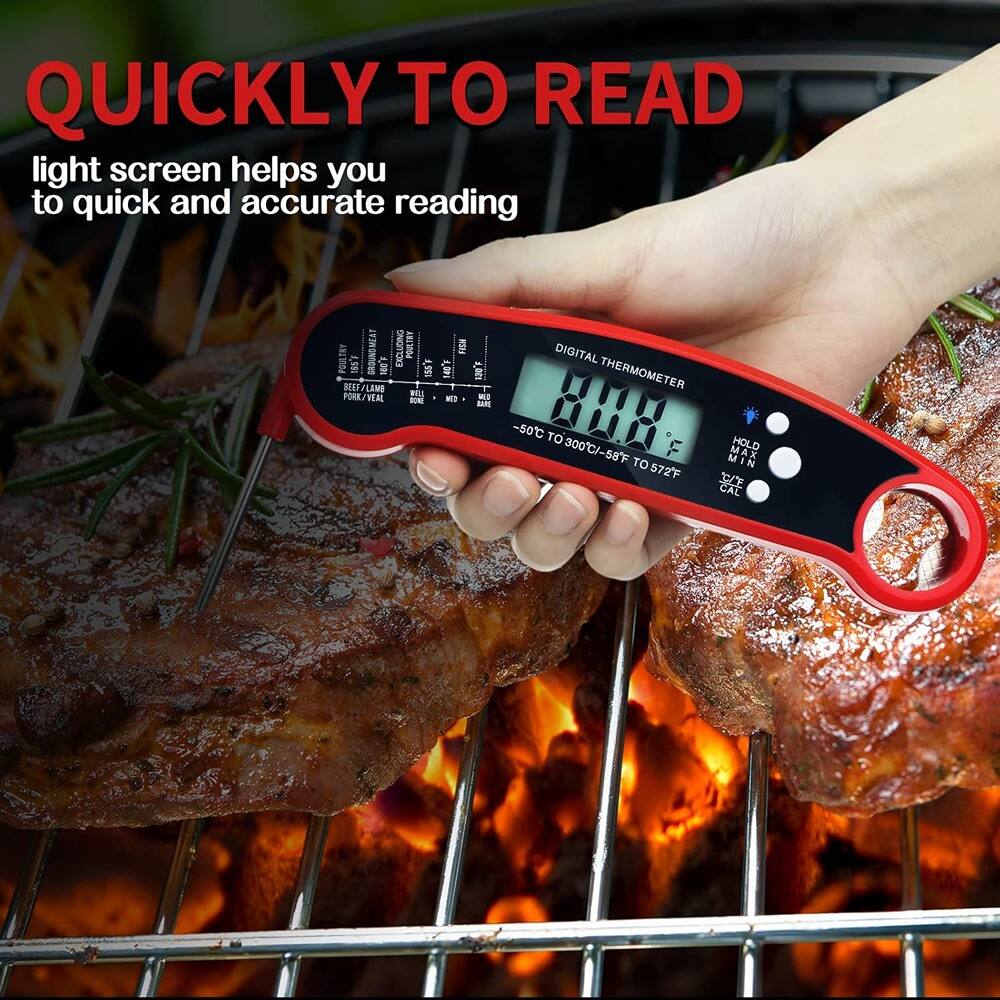QUICKLY TO READ

light screen helps you to quick and accurate reading

DIGITAL THERMOMETER
-50°C TO 300°C / -58°F TO 672°F

BEEF/LAMB
PORK/VEAL
POULTRY
EGGS
FISH
MED
DONE
CAL