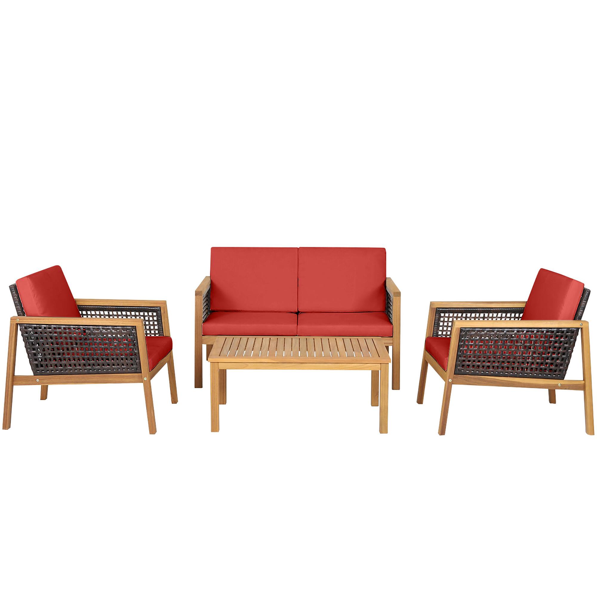 Alt View 9. Gymax - Gymax 4PCS Patio Acacia Wood Furniture Set PE Rattan Conversation Set w/ Red Cushions - Red.