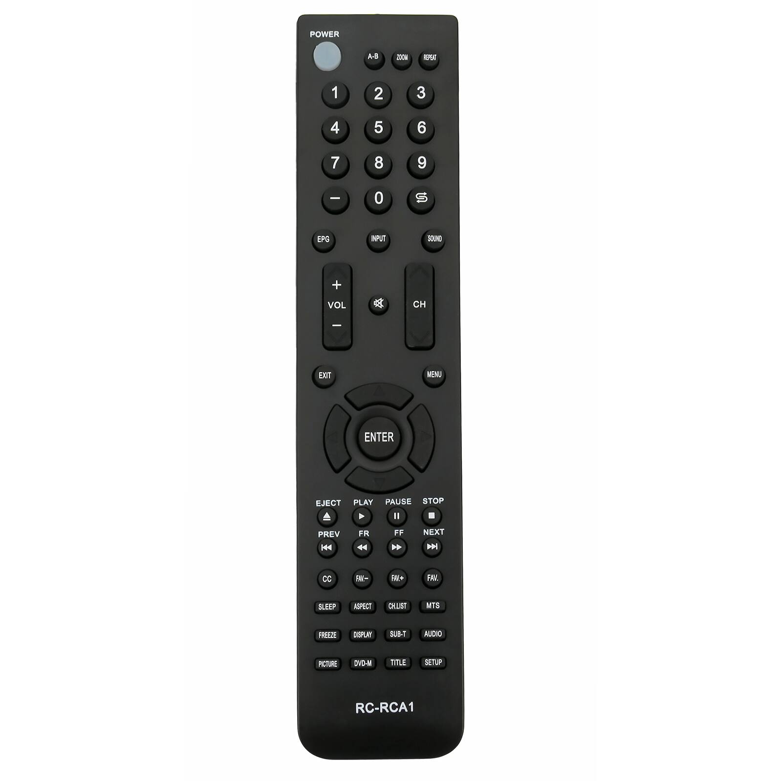 POWER A-8 20N ERE 1 2 3 4 5 6 7 8 9 - 0 1 EPG INPUT SOUND + VOL CH EXIT MENU ENTER EJECT PLAY PAUSE STOP Y I . PREV 1464 FR 44 FF H NEXT CC T- IE+ FAV SLEEP ASPECT DKUIST MTS FREEZE DISPLAY SUB-T AUDIO PICTURE DVD-M TITLE SETUP RC-RC1