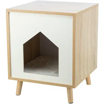 Front. TRIXIE - Isa Indoor Wooden Cat Condo, Modern Cat Bed Side Table with Cozy Cushion - Natural.
