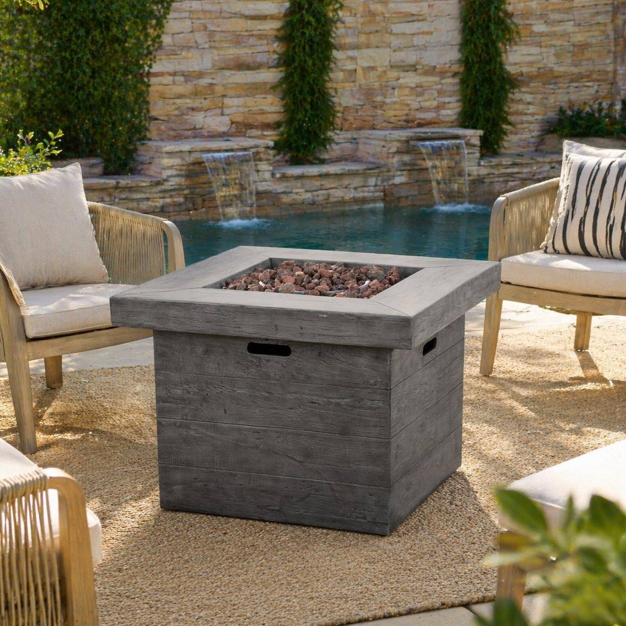 Angle. RYHNUYNE - 32" Square MGO Fire Pit – 40,000 BTU Wood-Burning Outdoor Fireplace in Grey Finish for Patio, Backyard, Garden - Grey.
