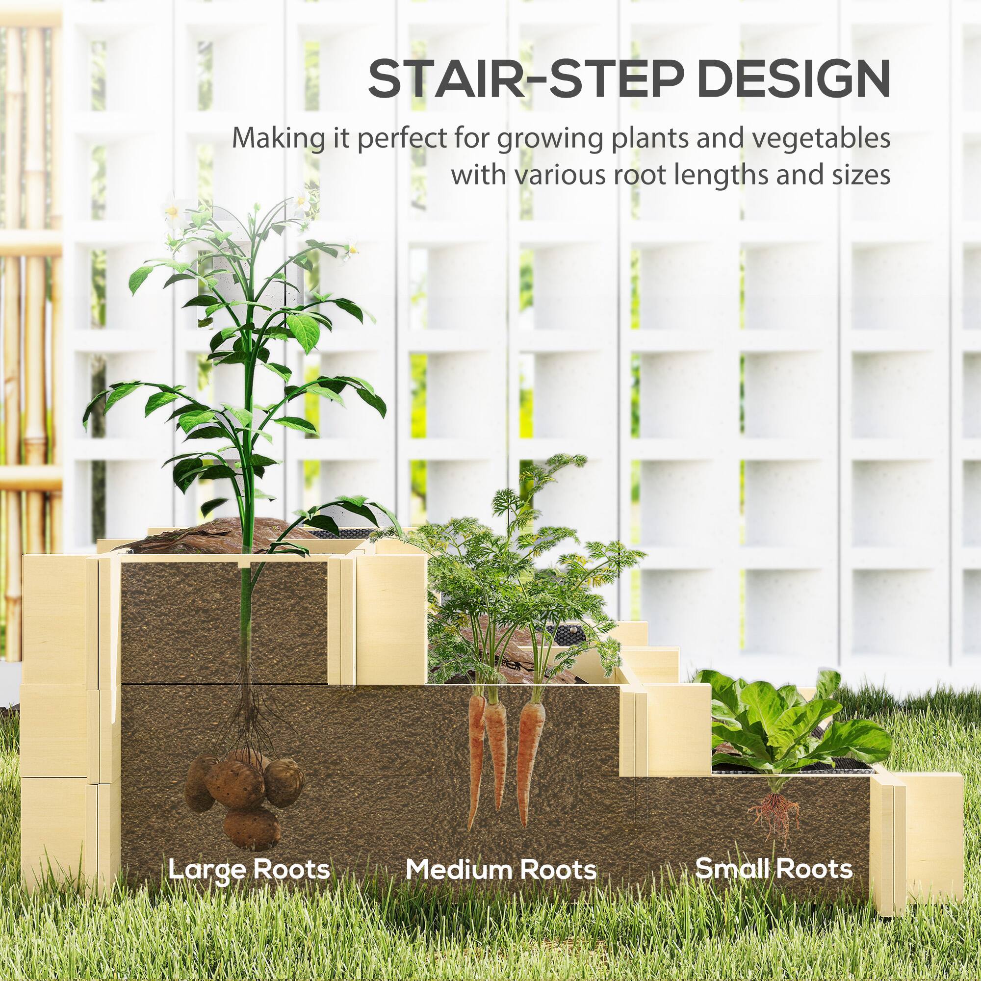 STAIR-STEP DESIGN  
Making it perfect for growing plants and vegetables with various root lengths and sizes  

Large Roots  
Medium Roots  
Small Roots