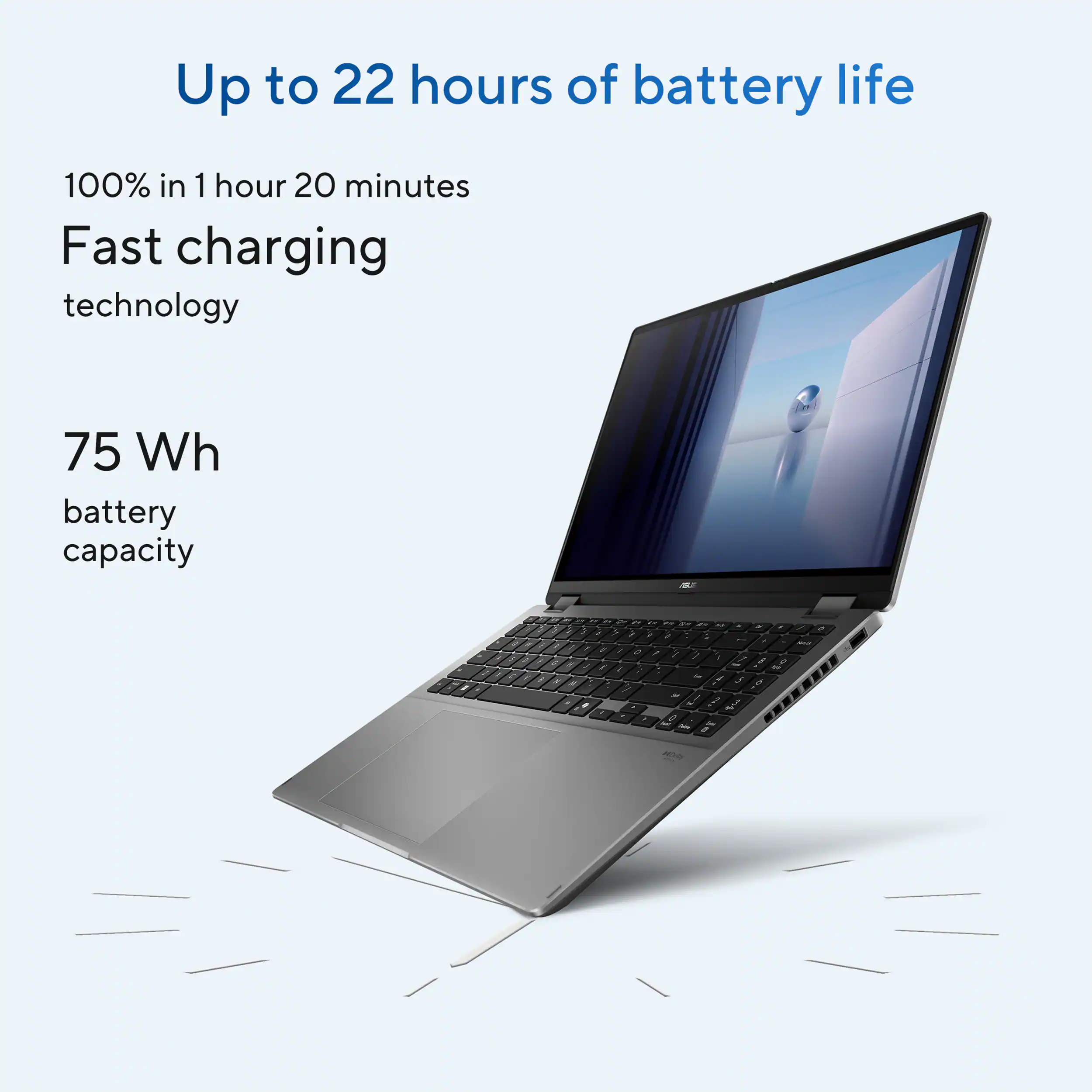 Up to 22 hours of battery life 100% in 1 hour 20 minutes Fast charging technology 75 Wh battery capacity
