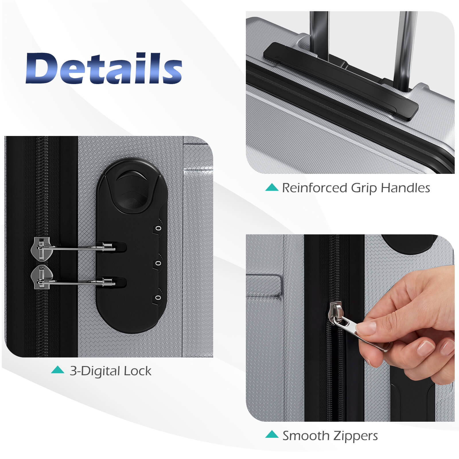 Details  
- Reinforced Grip Handles  
- 3-Digital Lock  
- Smooth Zippers