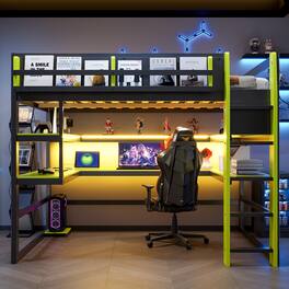 Anysun - Full Size Wood Loft Bed with Desk,Side storage rack,Multi-storage Shelves and RGB Light - Green