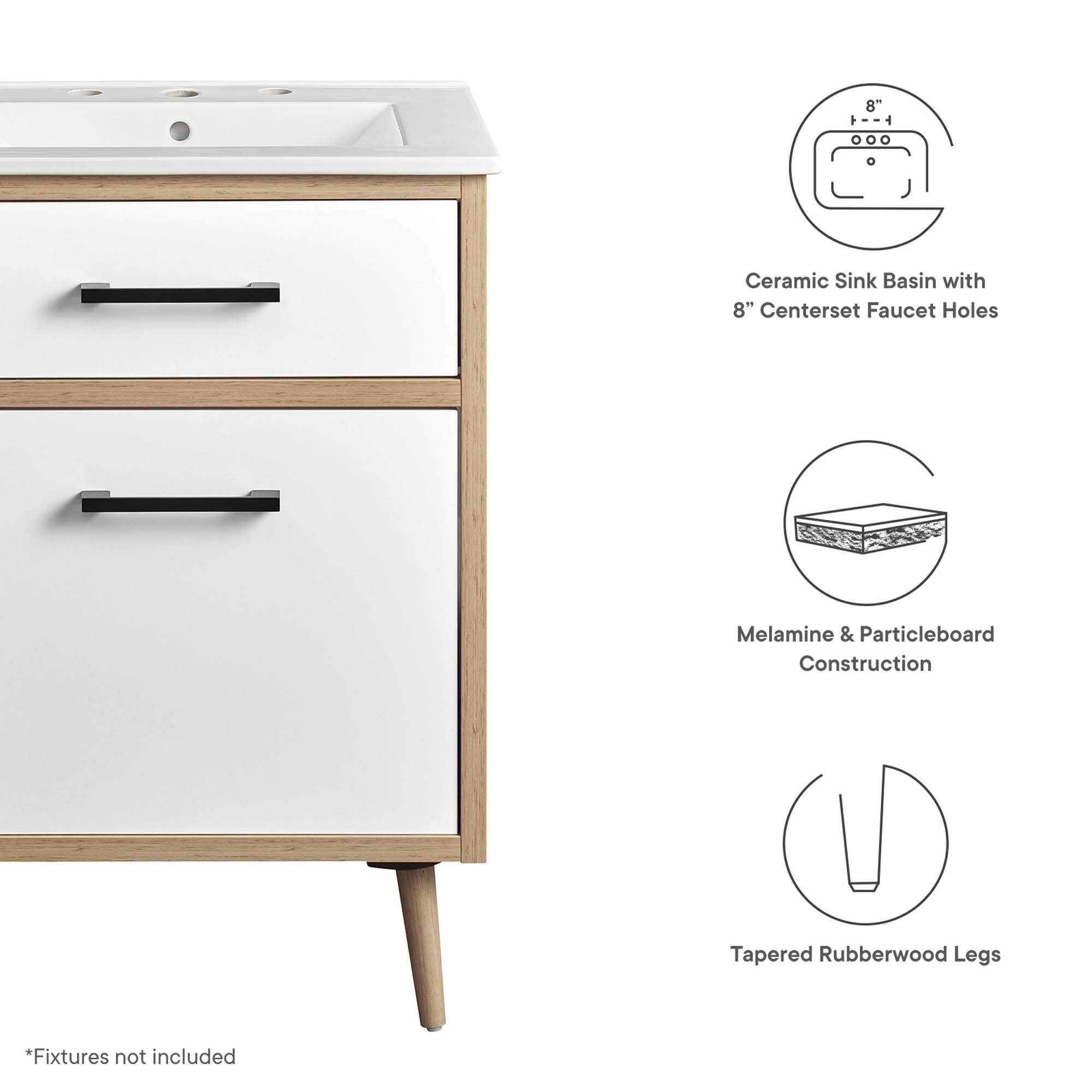 8" Ceramic Sink Basin with 8" Centerset Faucet Holes  
Melamine & Particleboard Construction  
Tapered Rubberwood Legs  
*Fixtures not included