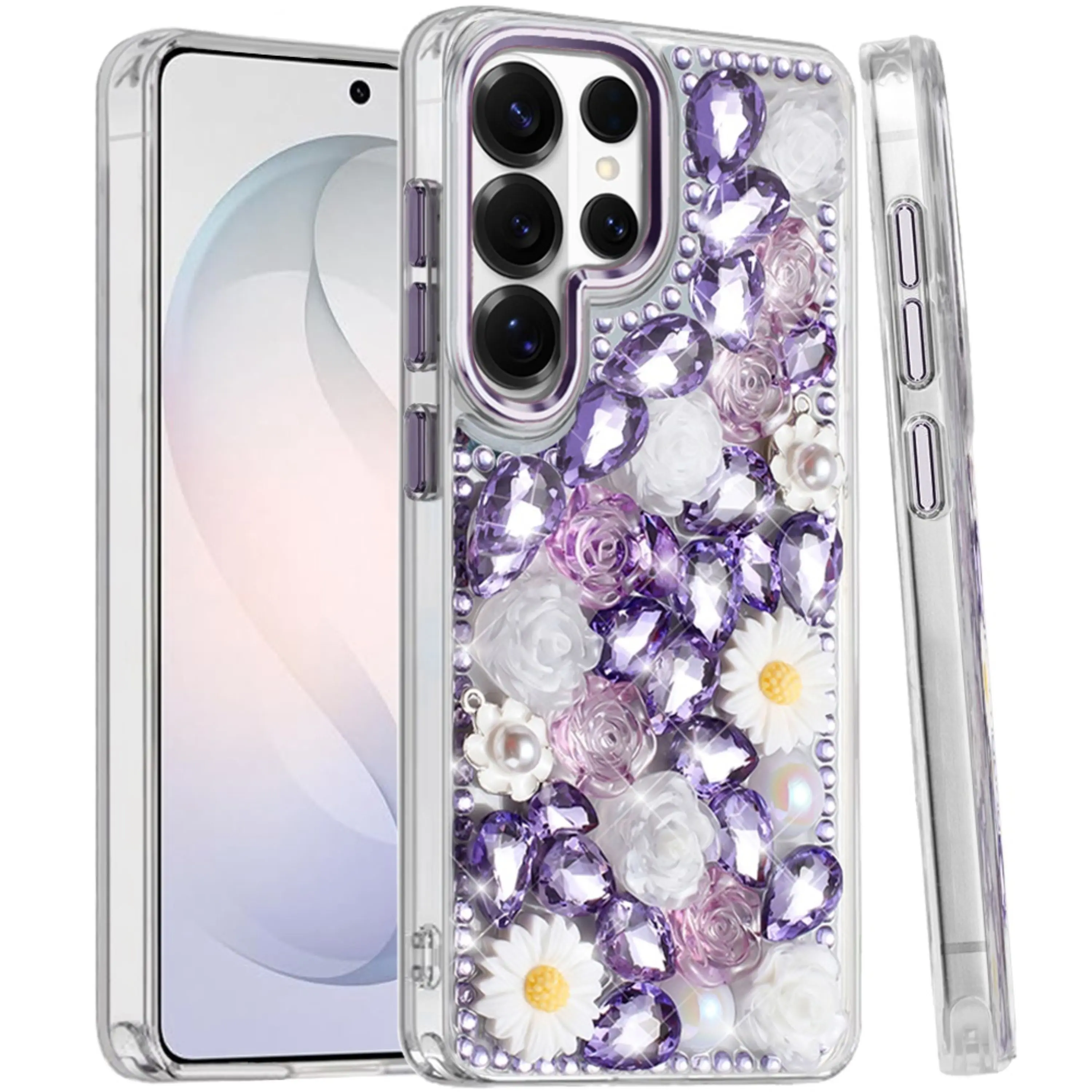 Left. Kitcheniva - 3D Floral Rhinestone Jewel Case With Tempered Glass For Samsung S26 Ultra Purple - Purple.