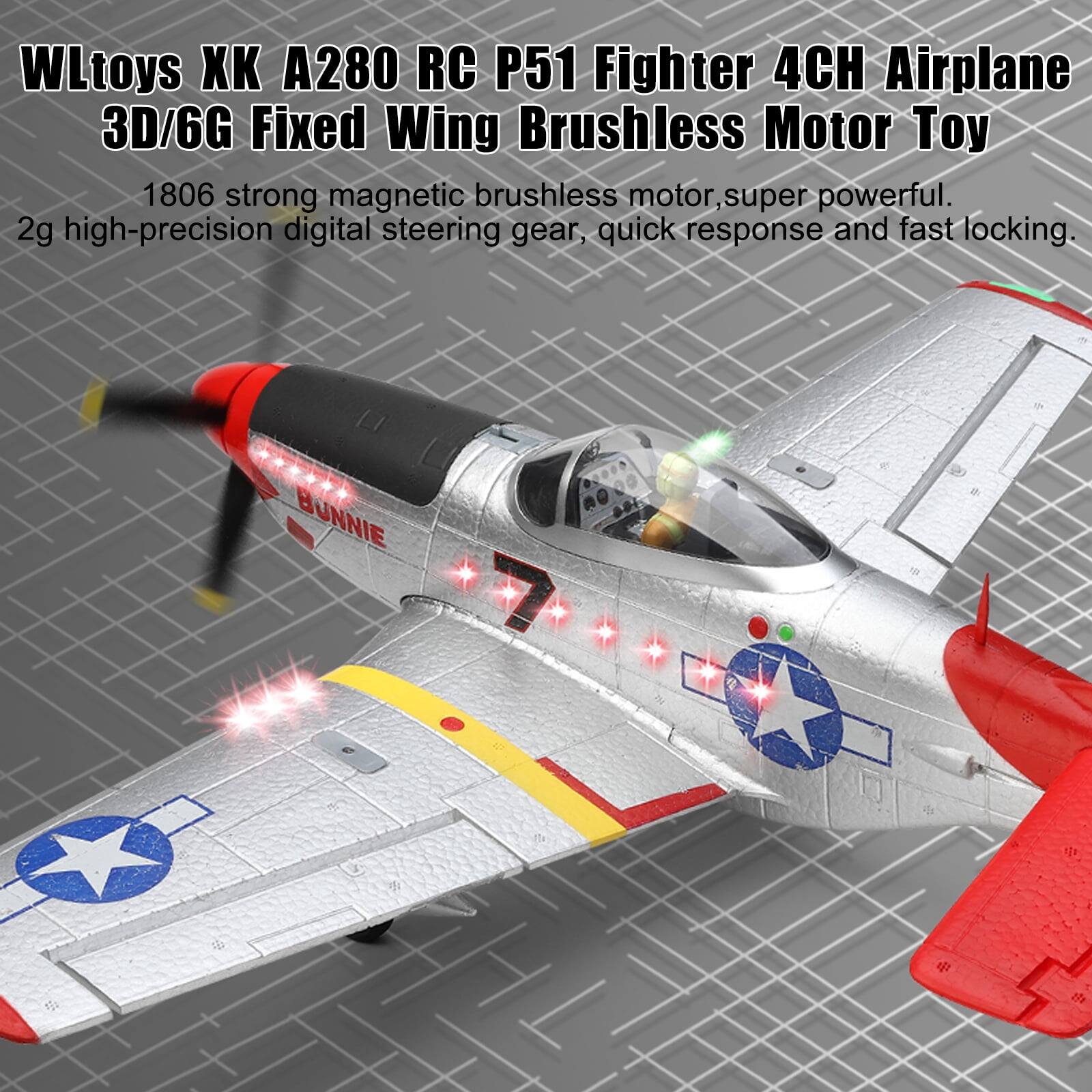 WLtoys XK A280 RC P51 Fighter 4CH Airplane 3D/6G Fixed Wing Brushless Motor Toy

1806 strong magnetic brushless motor, super powerful.

2g high-precision digital steering gear, quick response and fast locking.
