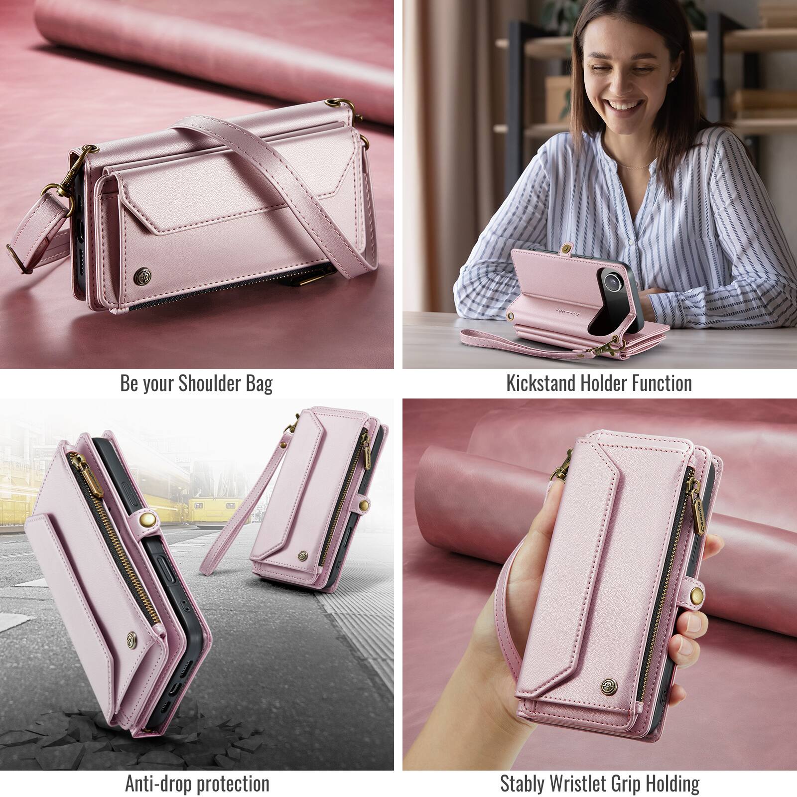 Be your Shoulder Bag  
Kickstand Holder Function  
Anti-drop protection  
Stably Wristlet Grip Holding