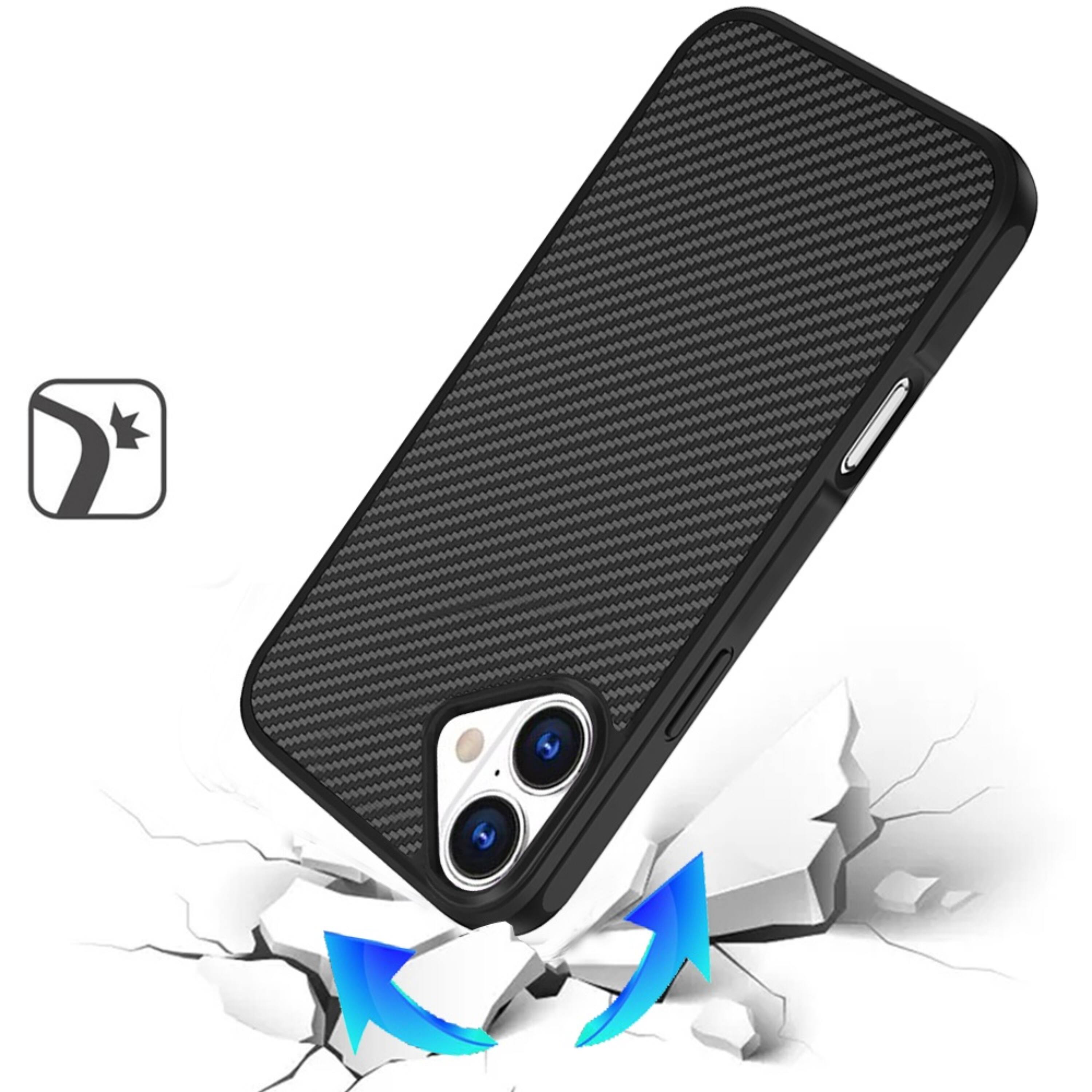 Angle. Kitcheniva - Carbon Fiber Print Hidden Magnetic Circle Phone Case With Tempered Glass For iPhone 17 Black - Black.