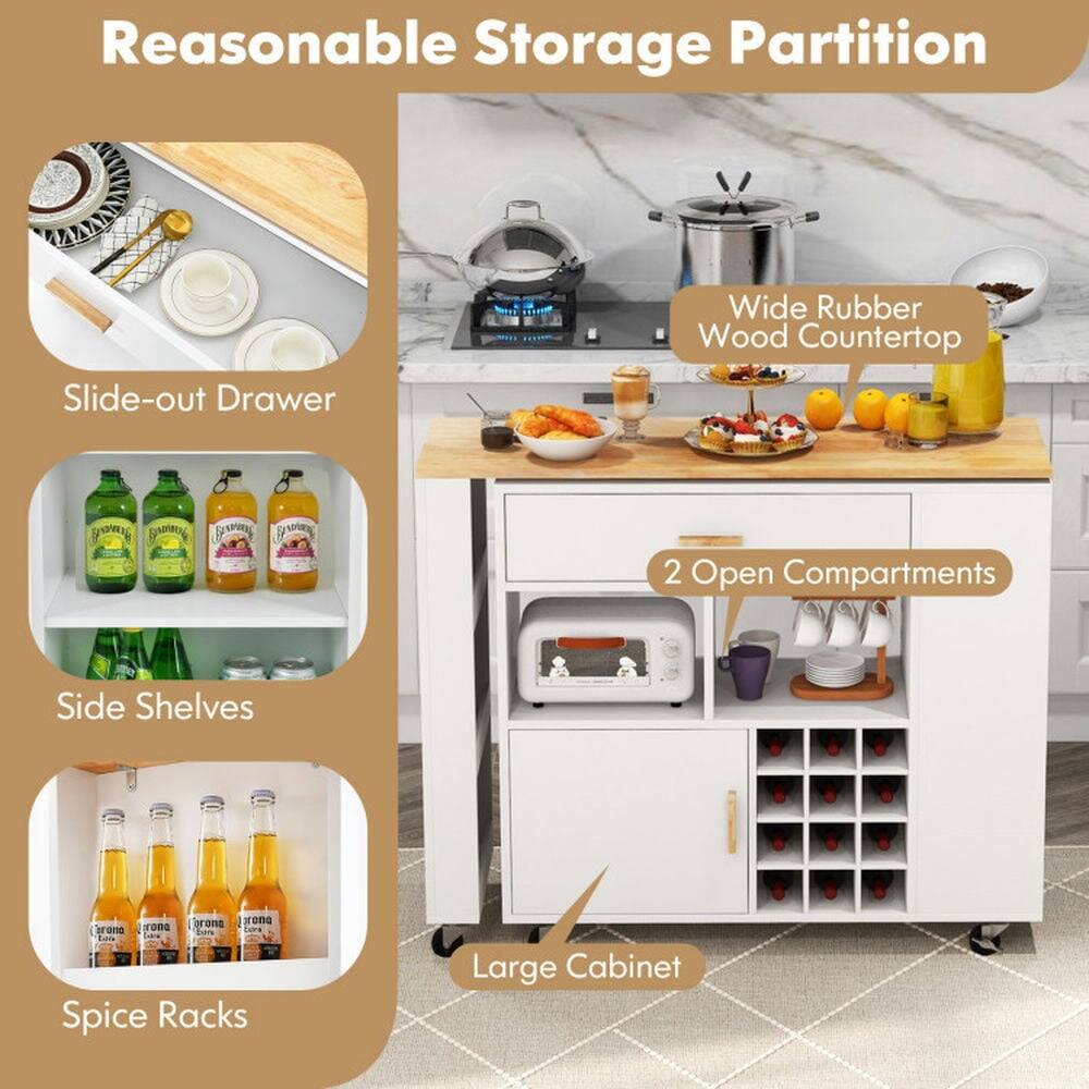 Reasonable Storage Partition

- Slide-out Drawer
- Wide Rubber Wood Countertop
- 2 Open Compartments
- Side Shelves
- Spice Racks
- Large Cabinet
