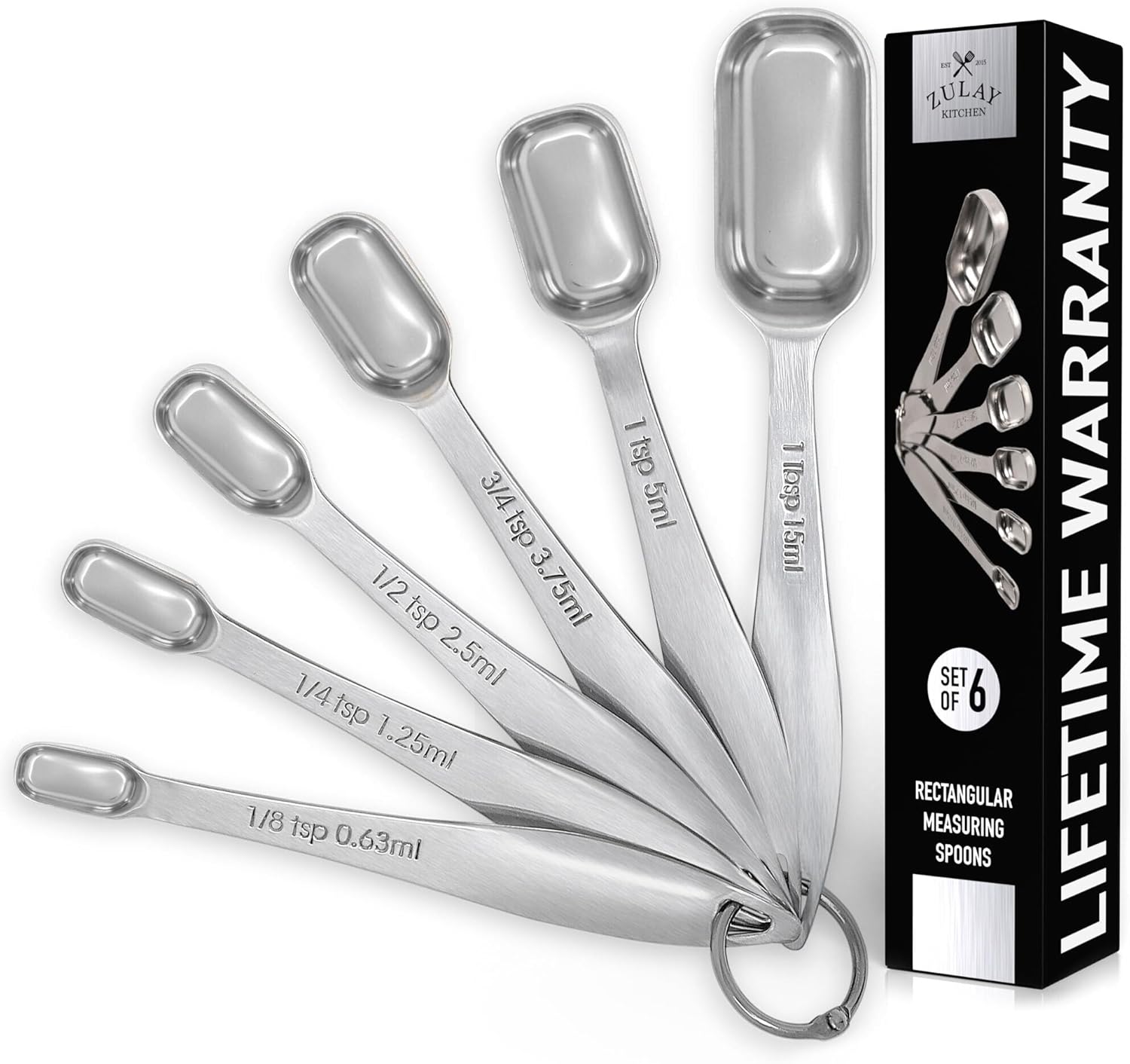 Zulay Kitchen - Stainless Steel Measuring Spoons 6 Piece Set - Etched Markings & Slim Design for Narrow Spice Jars - Silver