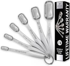1 tsp 5ml
3/4 tsp 3.75ml
1/2 tsp 2.5ml
1/4 tsp 1.25ml
1/8 tsp 0.63ml
ZULAY KITCHEN
LIFETIME WARRANTY
SET OF 6 RECTANGULAR MEASURING SPOONS