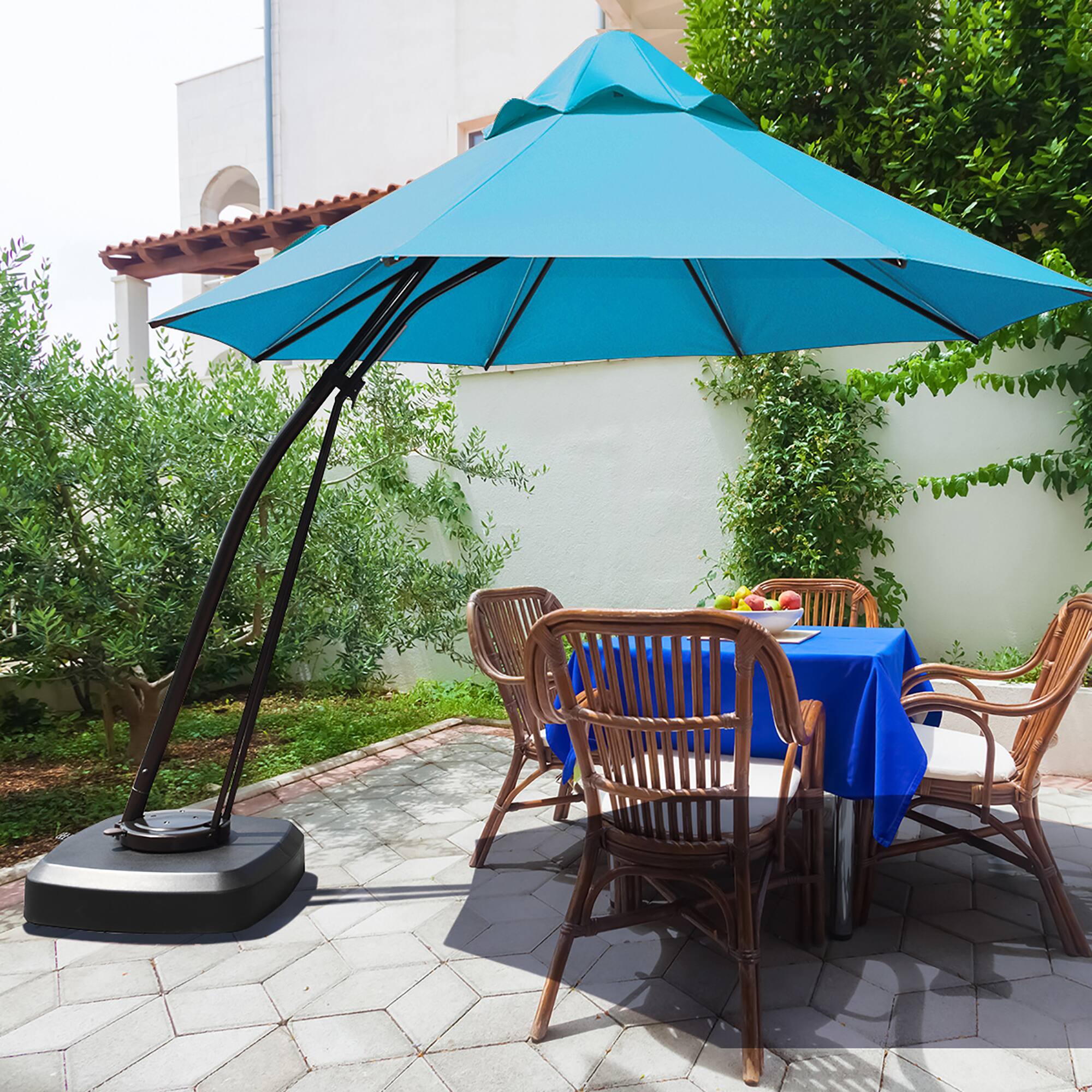 Alt View 1. Costway - Costway 11FT Outdoor Cantilever Offset Hanging Umbrella w/ Base Wheel - Turquoise.