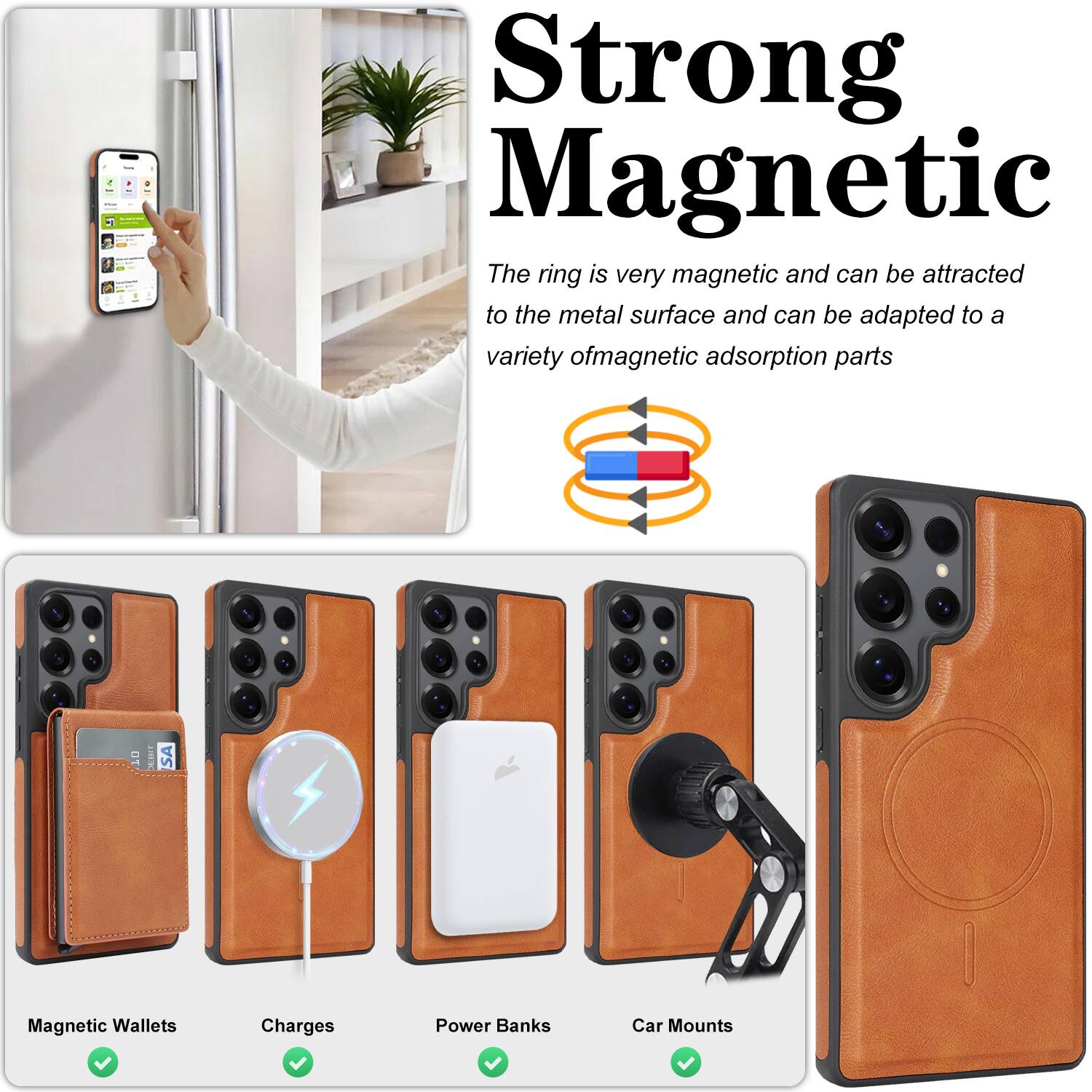 Strong Magnetic

The ring is very magnetic and can be attracted to the metal surface and can be adapted to a variety of magnetic adsorption parts.

- Magnetic Wallets
- Charges
- Power Banks
- Car Mounts