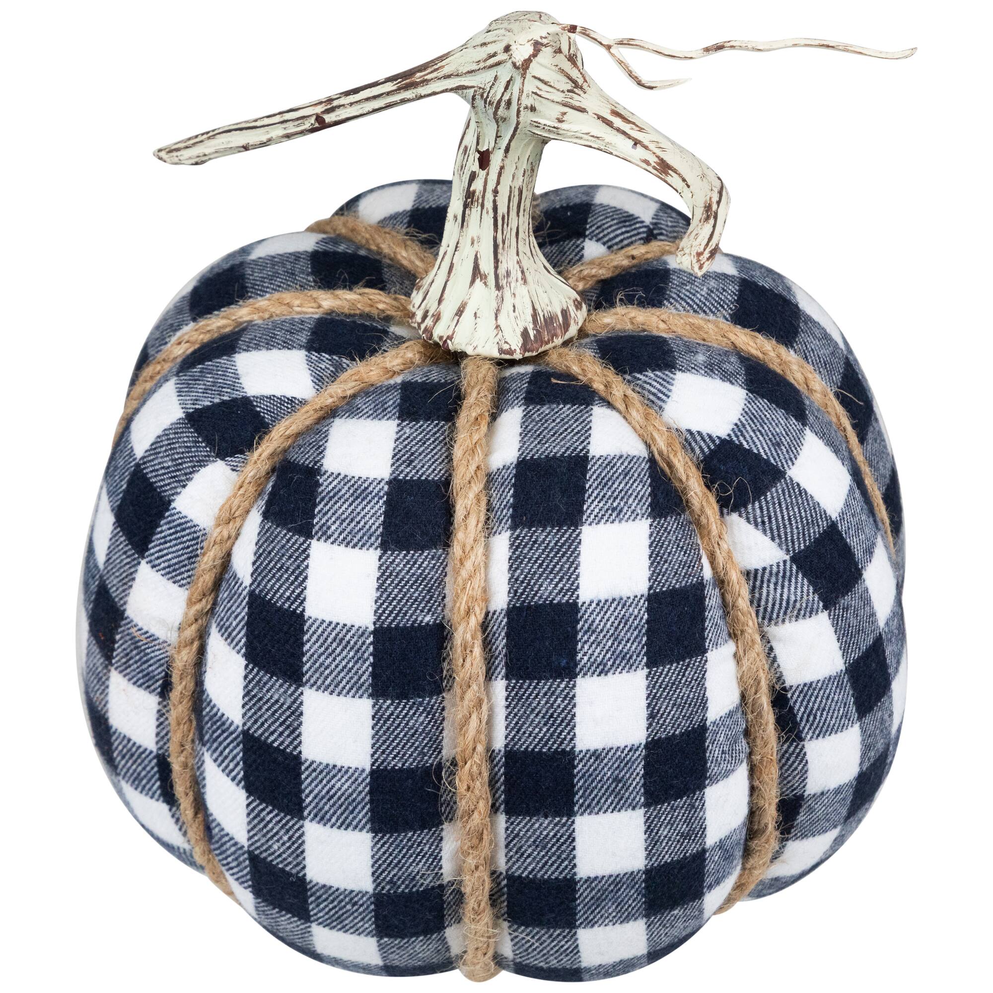 Alt View 4. Northlight - Buffalo Plaid Fall Harvest Pumpkin with Weathered Stem - 7.75" - Blue - Blue.