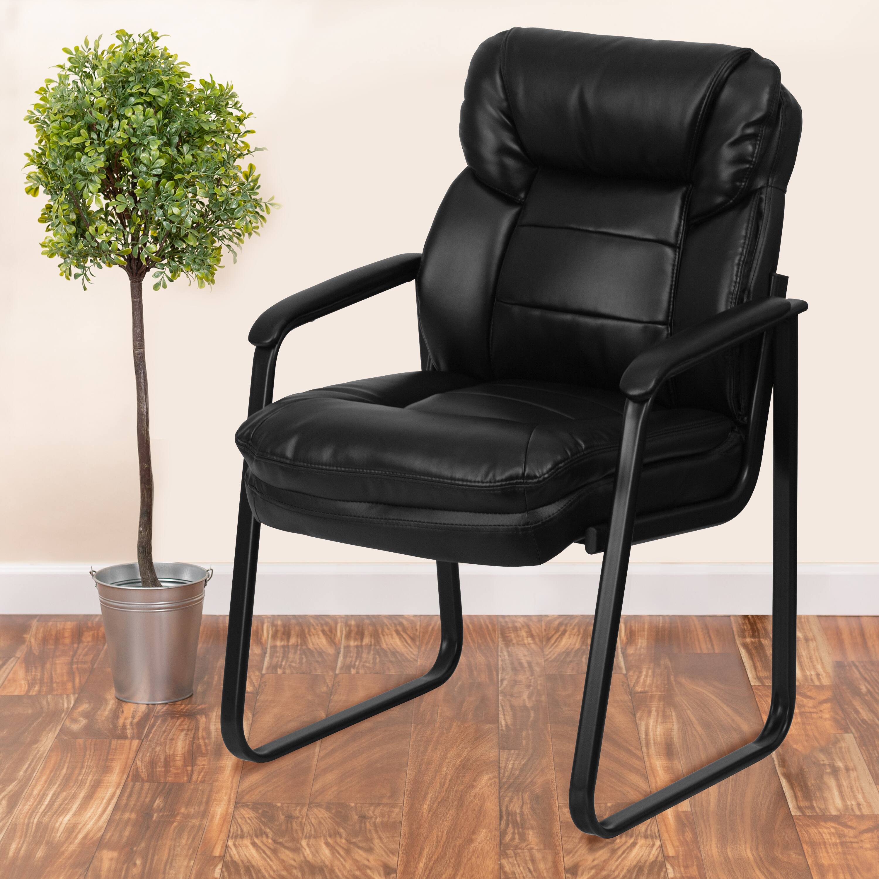 Alt View 1. Emma + Oliver - Executive Side Reception Chair with Lumbar Support and Sled Base - Black LeatherSoft.