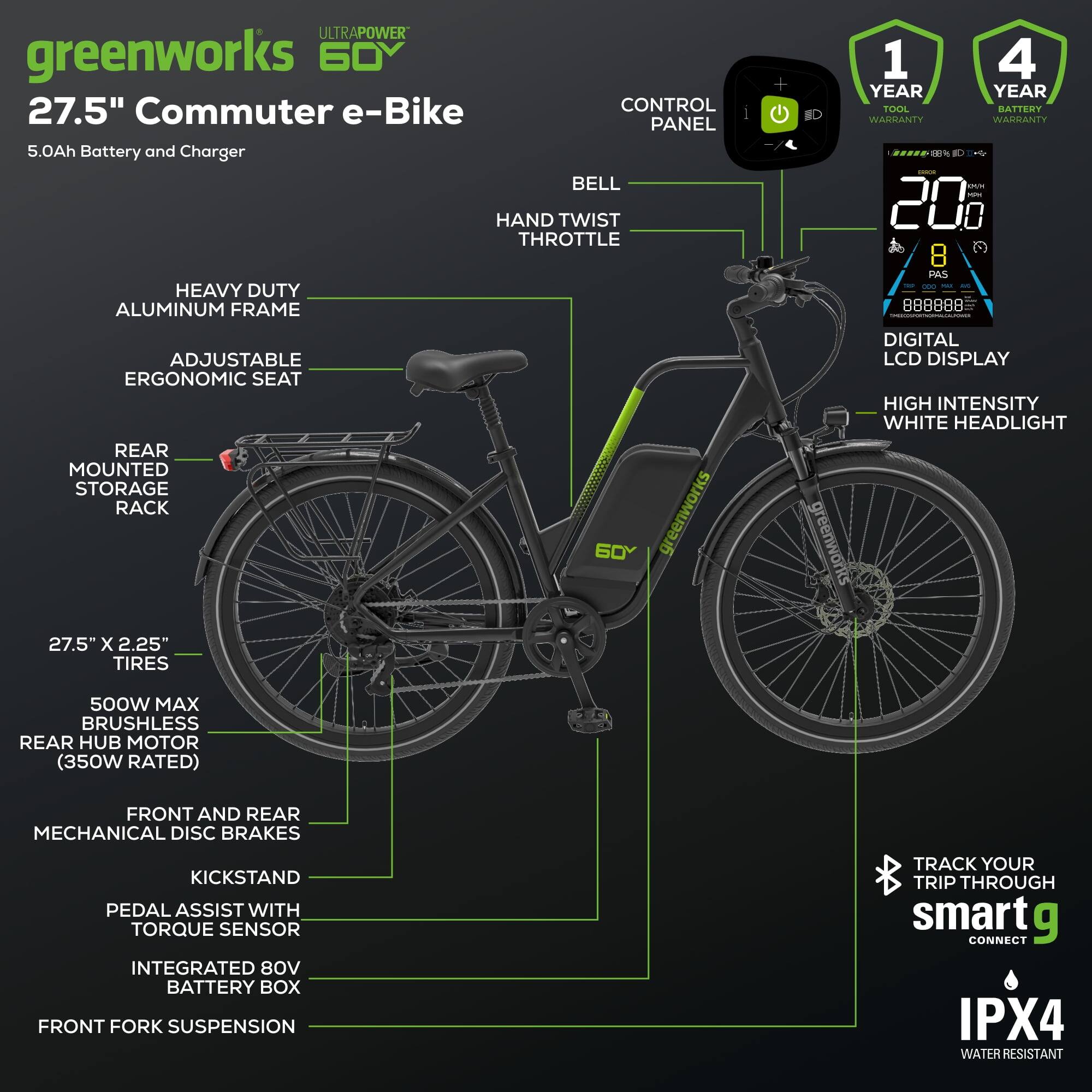 Alt View 9. Greenworks - Greenworks 60V Electric Commuter Bike for Adults, 27.5" Tires, 500W Peak Motor, with Removable Battery & Charger - Green.