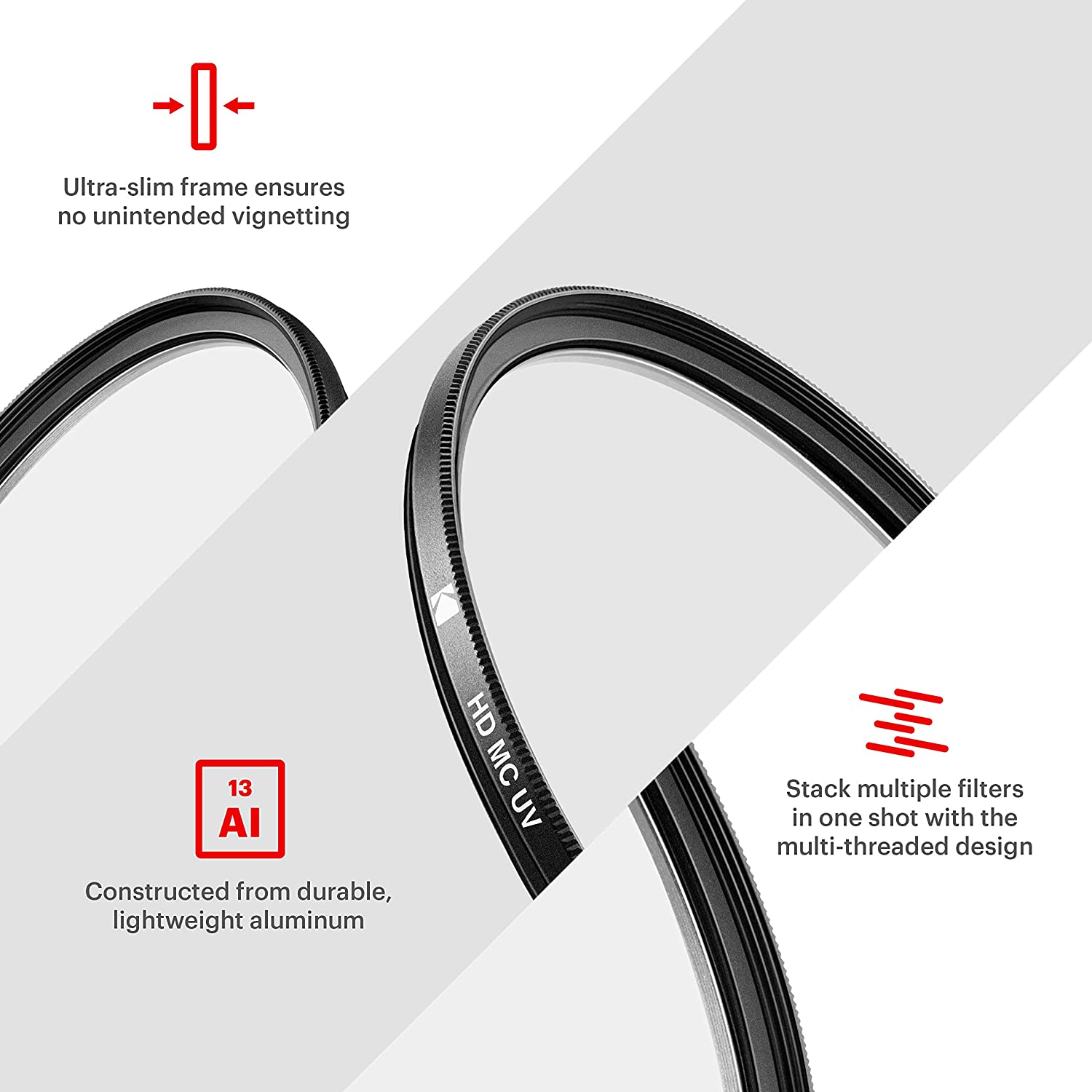 Ultra-slim frame ensures no unintended vignetting. Constructed from durable, lightweight aluminum. Stack multiple filters in one shot with the multi-threaded design.
